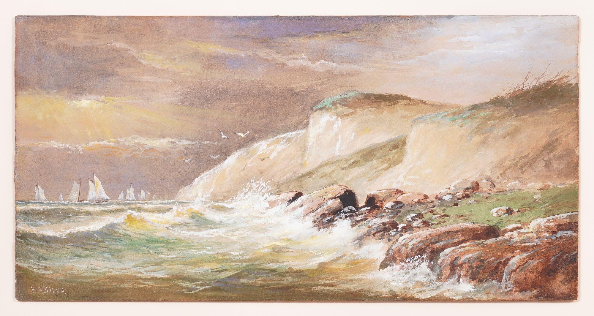 Watercolor on paper with white gouache highlights, float mounted in its original gold leafed molding. The painting is a shoreline view of yachts sailing off coastal rocky bluffs of Maine.

Signed, lower left: F.A.Silva
American,
