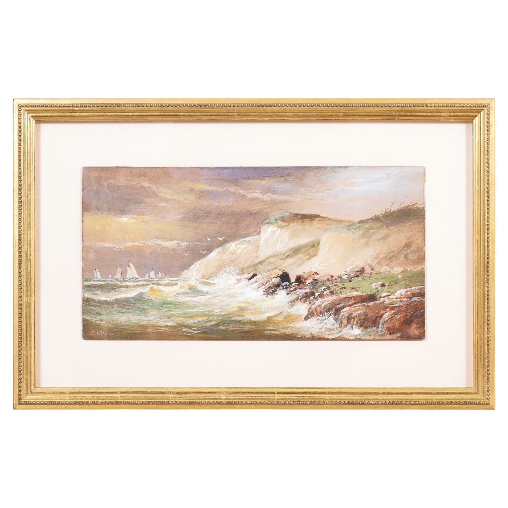 Sails off a rocky coast by Francis Augustus Silva, 1870-80