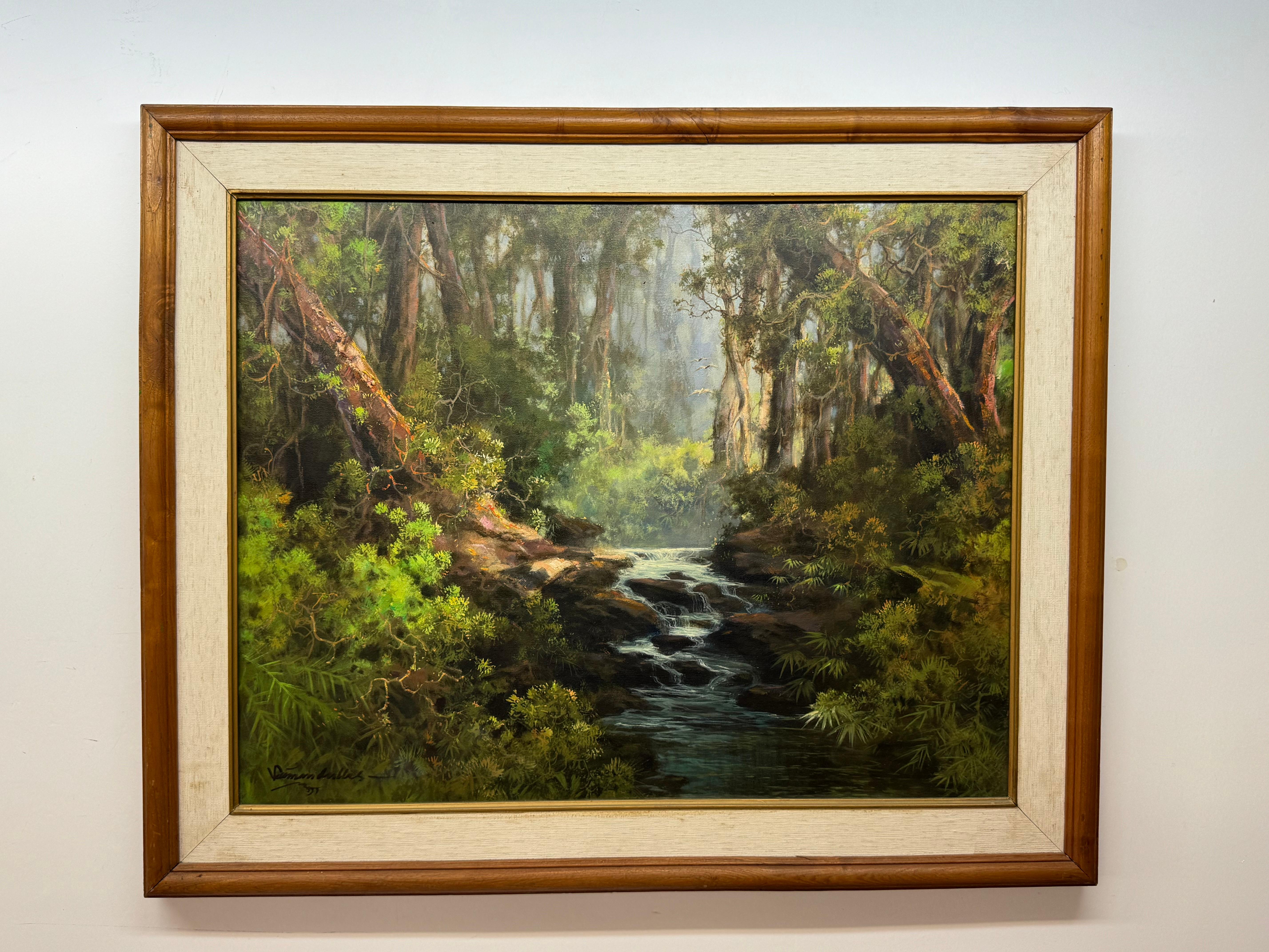 Saiman Dullah Landscape Painting - Beautiful, tropical, Wooded Forest Landscape with River Stream by Indonesian art