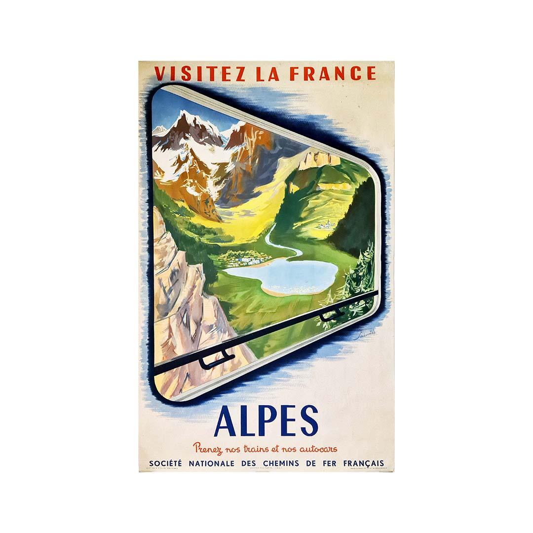 1952 original poster Visit the Alps - French National Railway Company - Print by Saindré