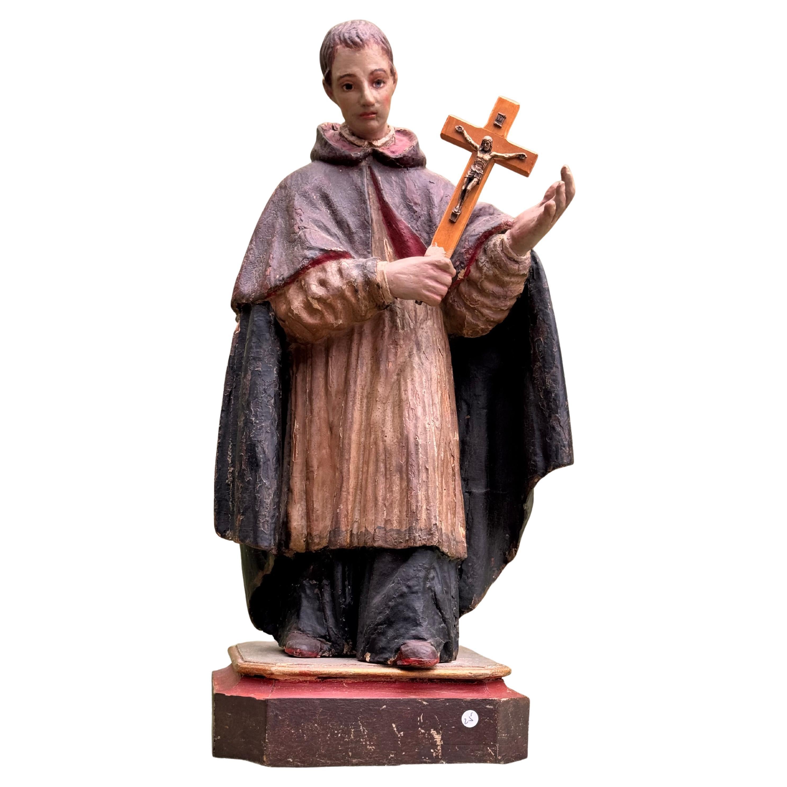 Saint Aloysius Gonzaga – Polychrome Baroque Sculpture, 17th Century For Sale