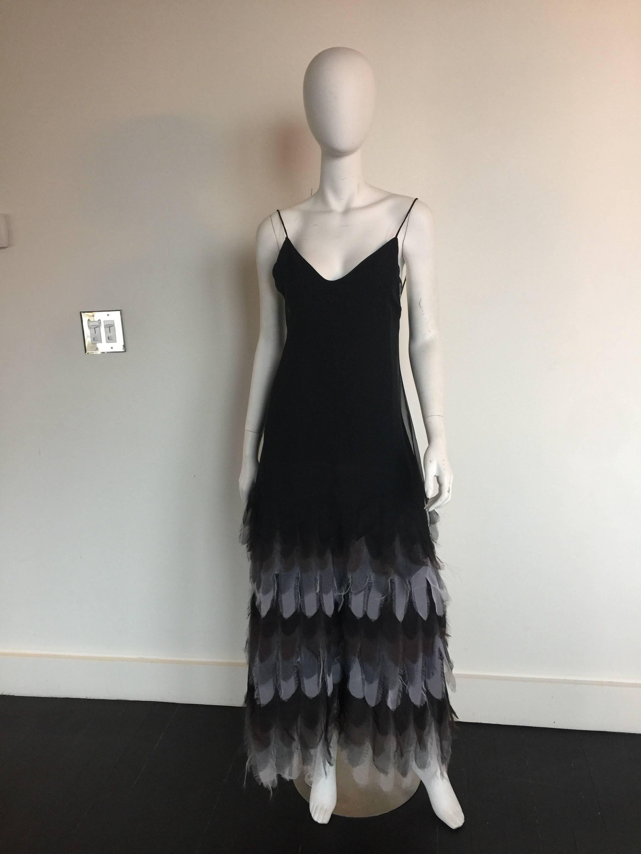 Sant' Angelo chiffon feathered bottom black silk crepe gown For Sale 1