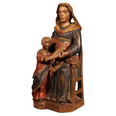 Antique Saint Anne And The Virgin Mary In Polychrome Wood - 18th Century