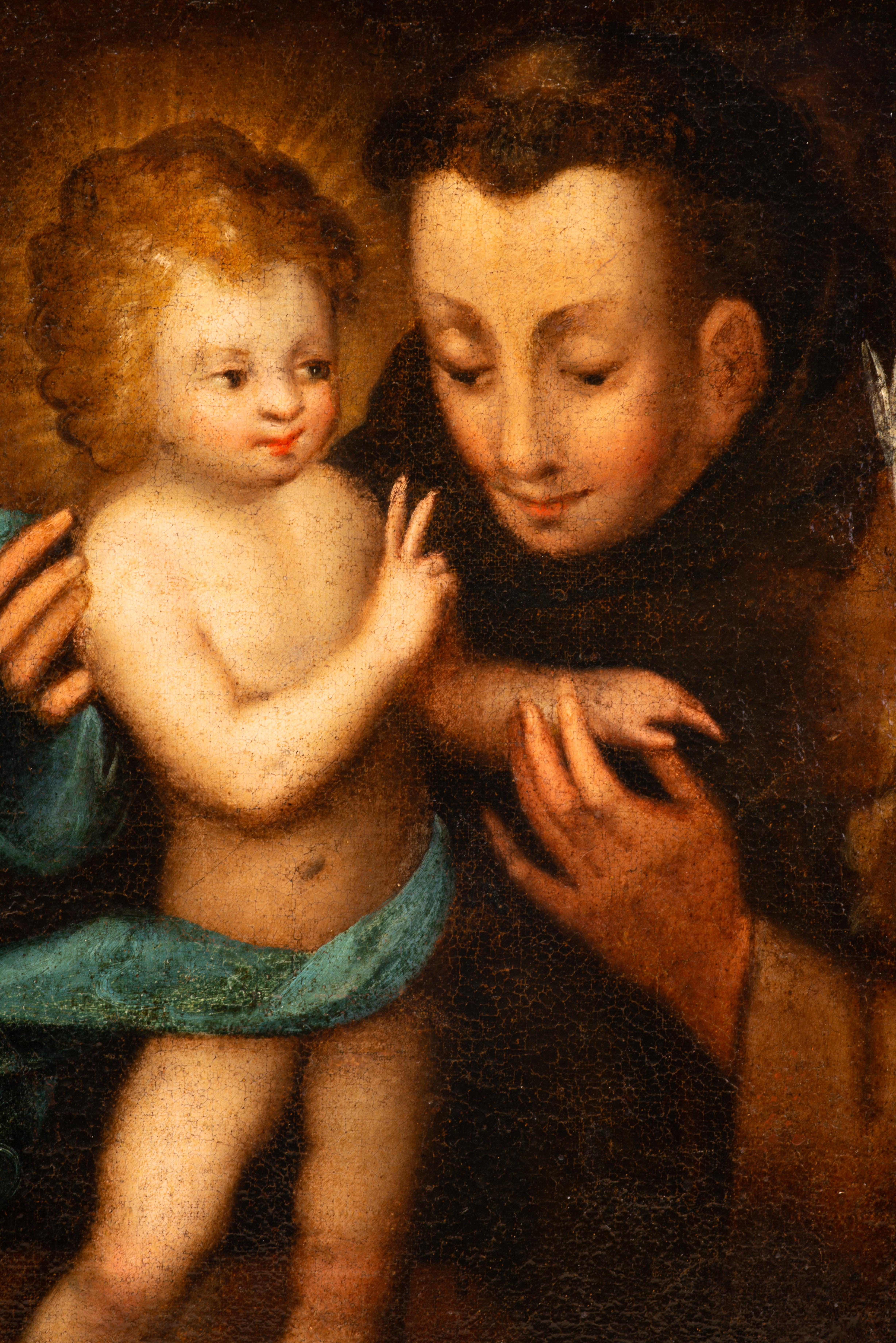Saint Antoine de Padua avec l'Enfant Jésus. Huile sur toile. École espagnole, 18e siècle. 
Huile sur toile représentant saint Anthony de Padua (Lisbonne, 15 août 1195 - Padoue, 13 juin 1231) avec des fleurs blanches à côté de l'Enfant Jésus, qui se