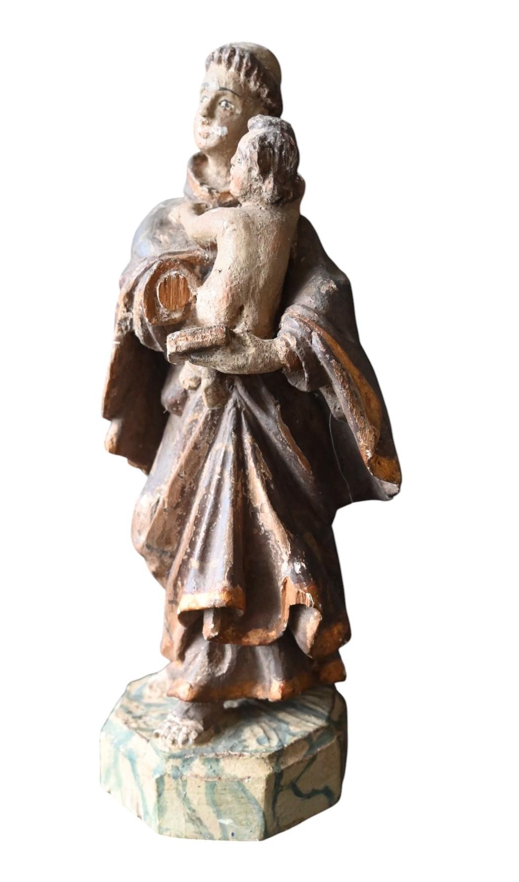Rococo Saint Anthony Of Padua With The Infant Jesus – Polychrome Wood Sculpture, 18th C For Sale