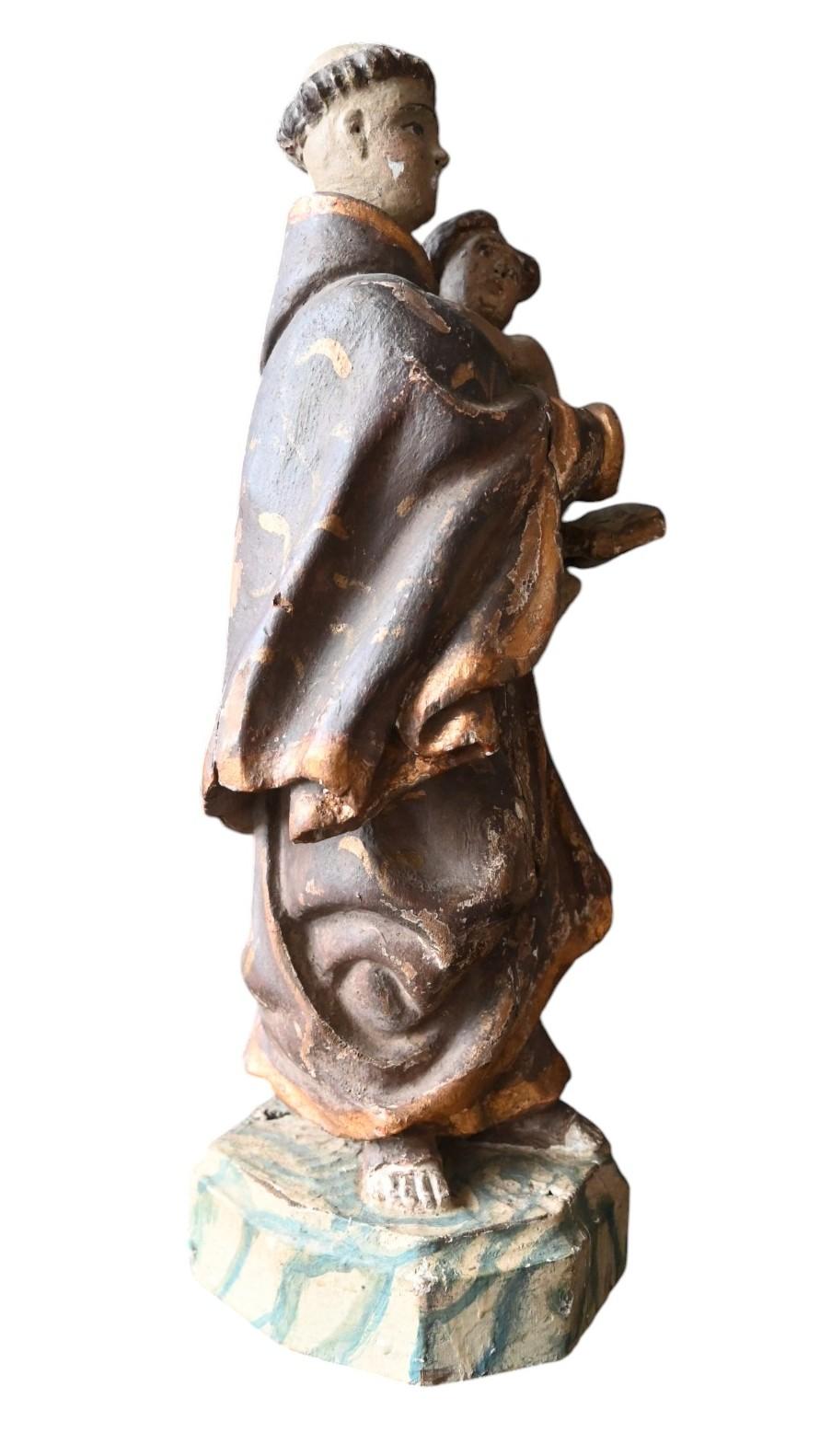 Saint Anthony Of Padua With The Infant Jesus – Polychrome Wood Sculpture, 18th C In Good Condition For Sale In Bilzen, BE