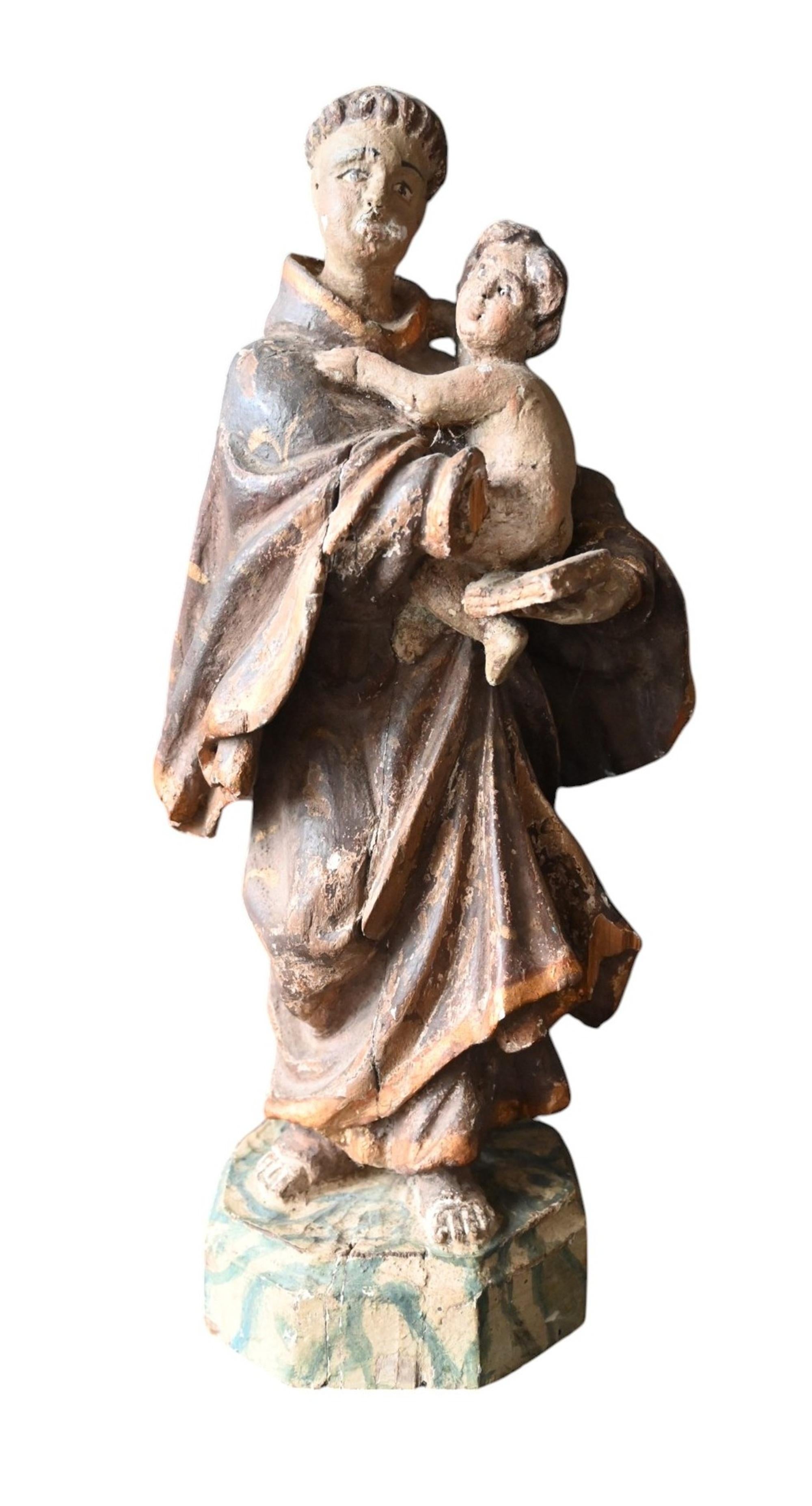 Saint Anthony Of Padua With The Infant Jesus – Polychrome Wood Sculpture, 18th C For Sale 1