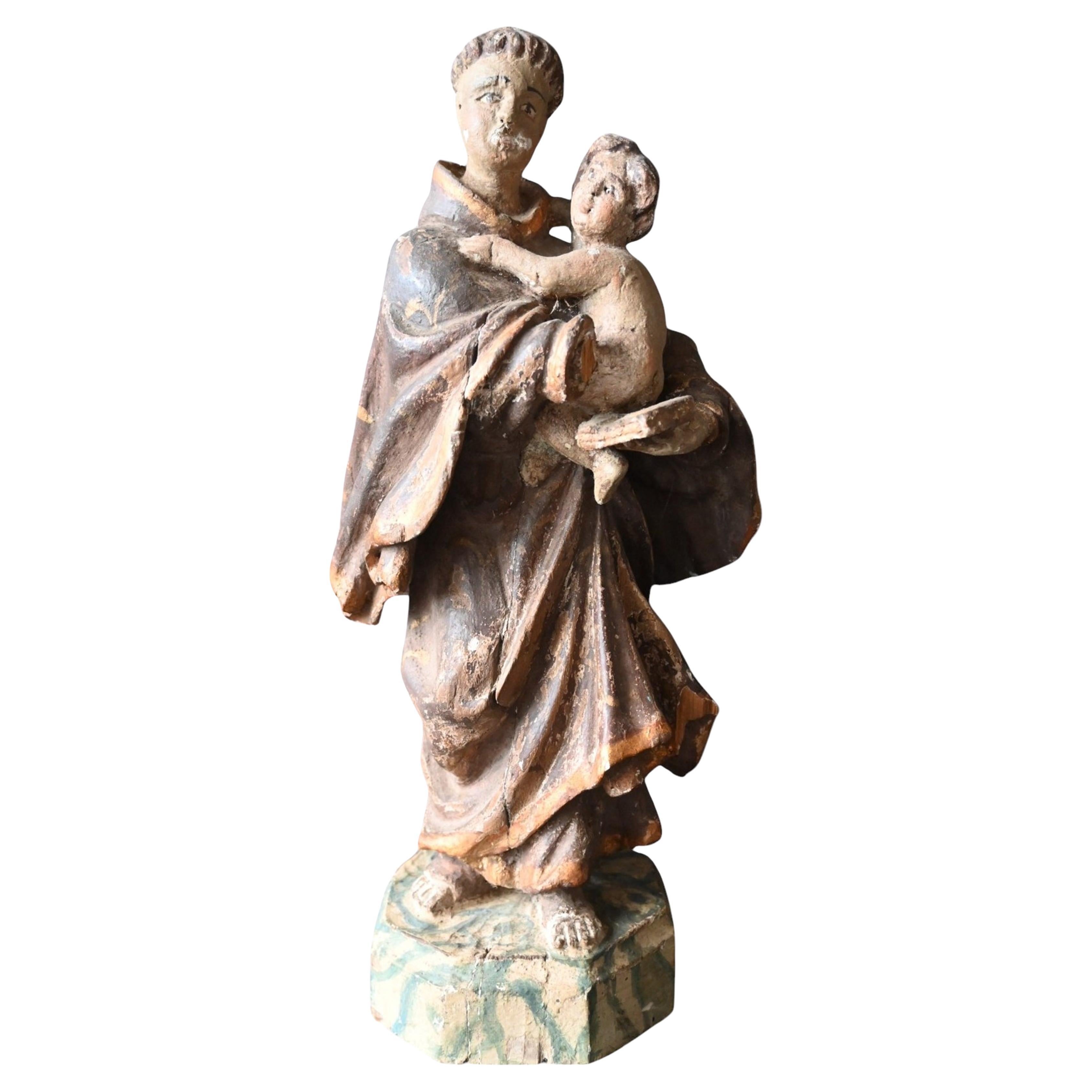 Saint Anthony Of Padua With The Infant Jesus – Polychrome Wood Sculpture, 18th C For Sale