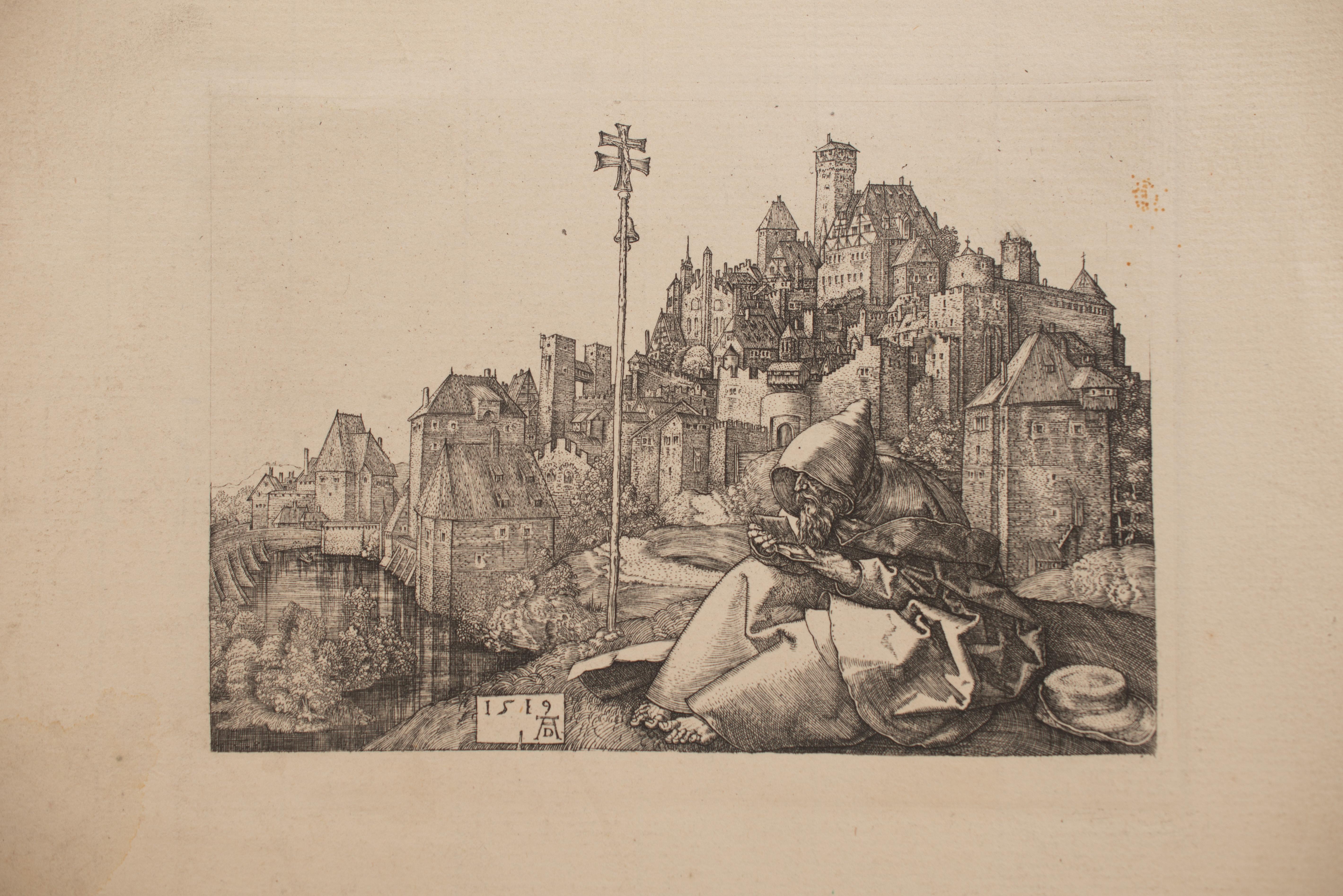  Saint Antoine lisant à la porte d'une ville. Gravure. Dürer, Albert (Nuremberg, 1471-1528). Impression plus tardive, peut-être du 19e siècle. 
Signé et daté sur la plaque. 
 Gravure représentant le saint ermite avec ses attributs habituels (bâton