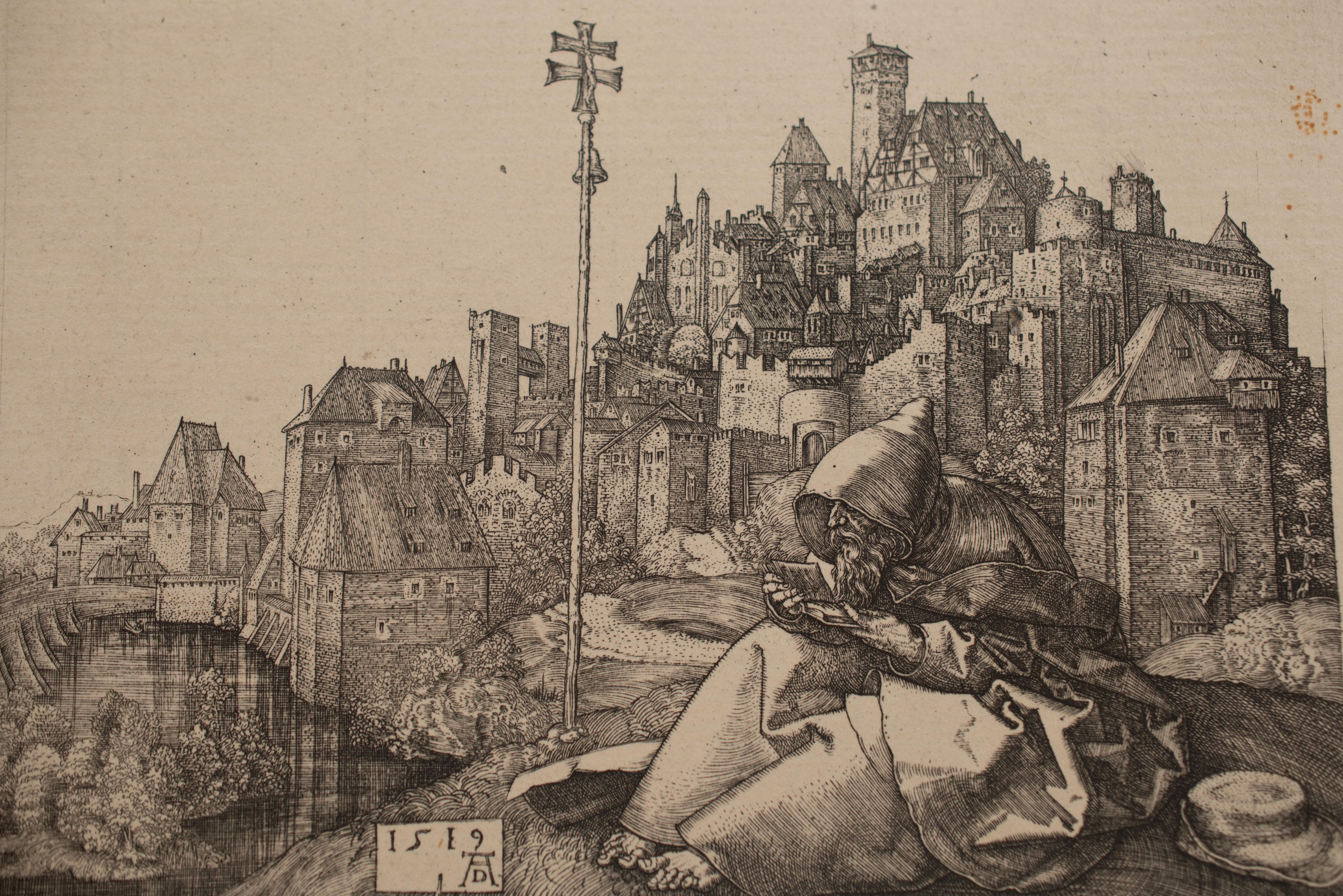 Autre Saint Antoine lisant à la porte d'une ville. Gravure. Dürer, Albert. Date ultérieure. en vente