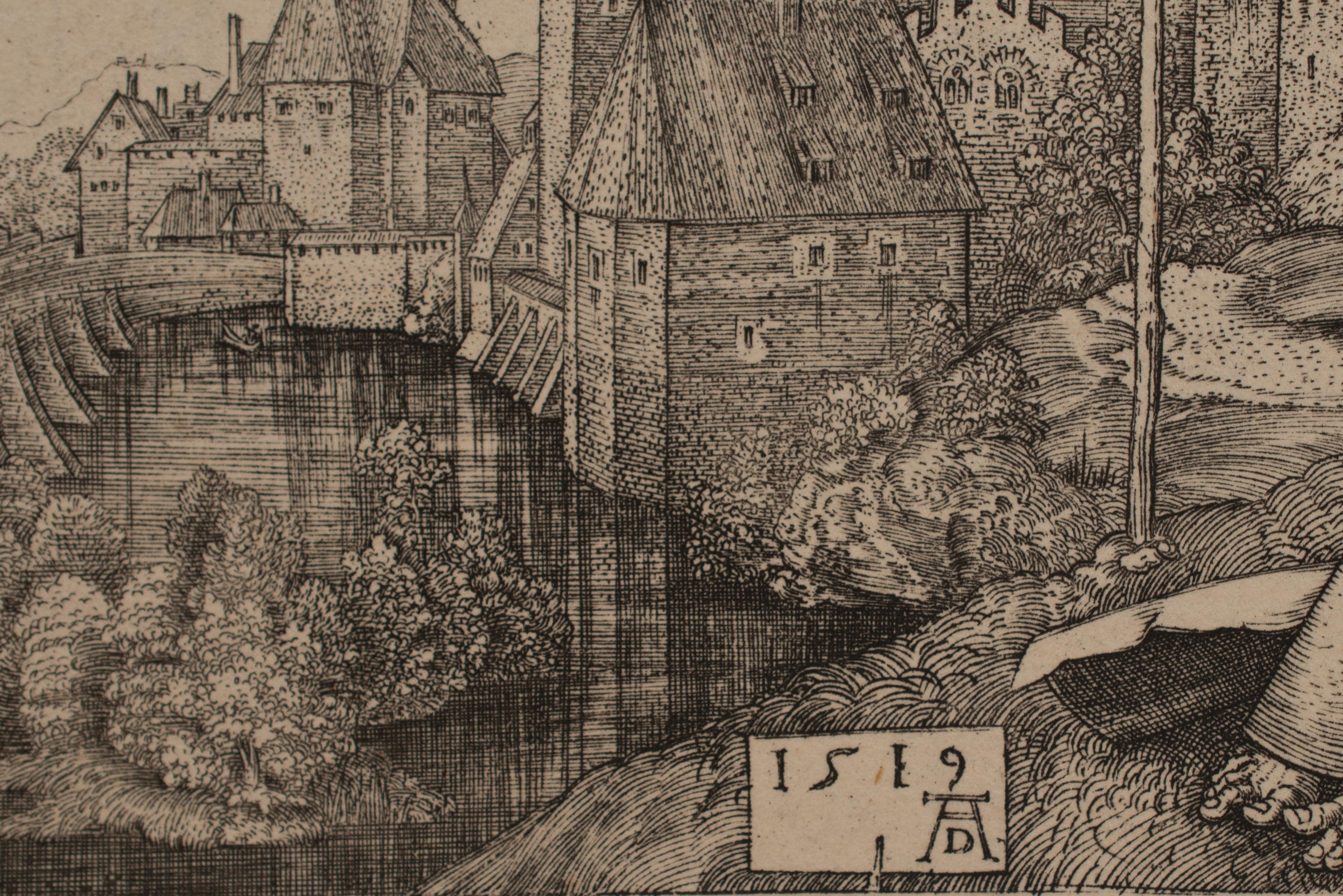Européen Saint Antoine lisant à la porte d'une ville. Gravure. Dürer, Albert. Date ultérieure. en vente