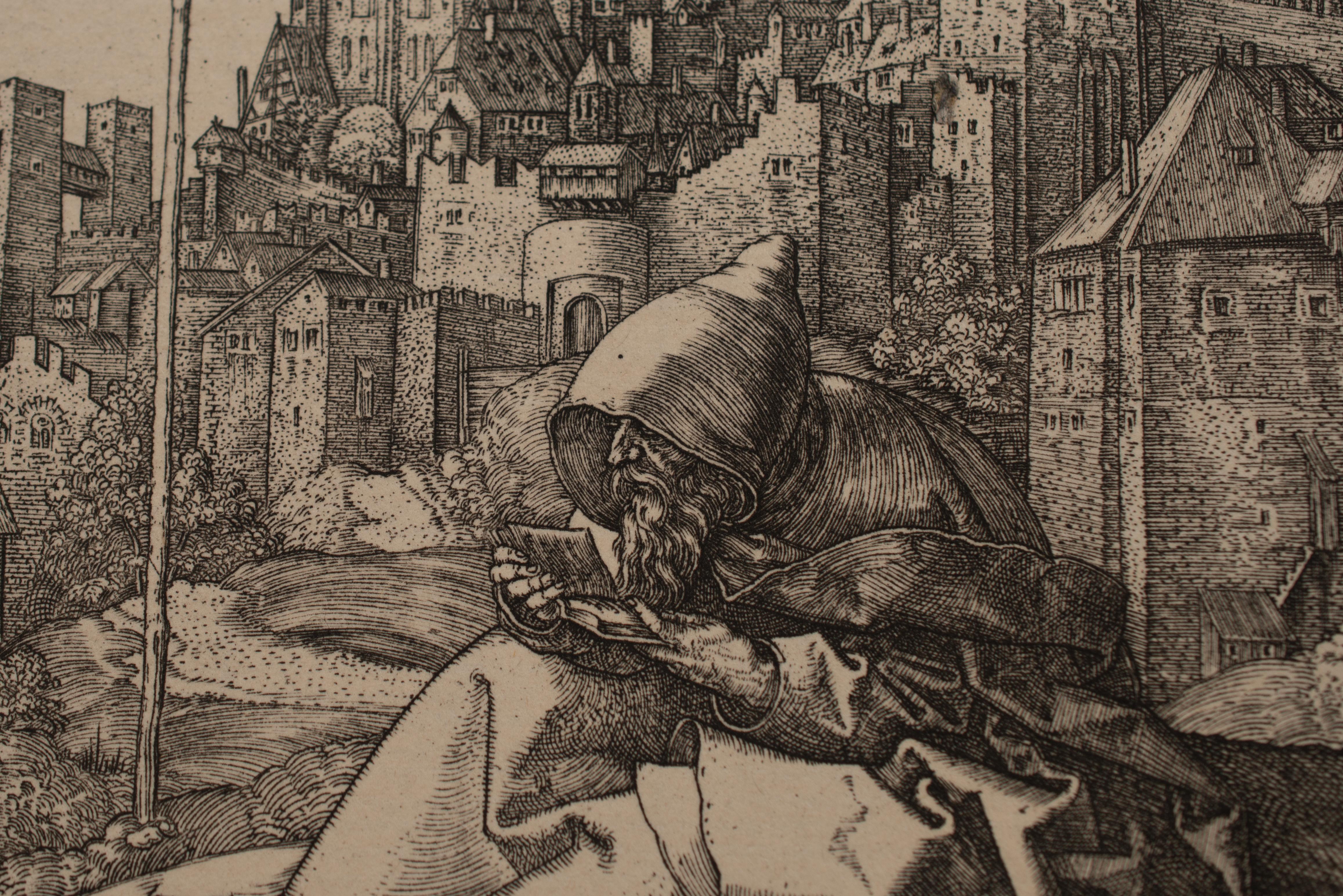 Saint Antoine lisant à la porte d'une ville. Gravure. Dürer, Albert. Date ultérieure. État moyen - En vente à Madrid, ES