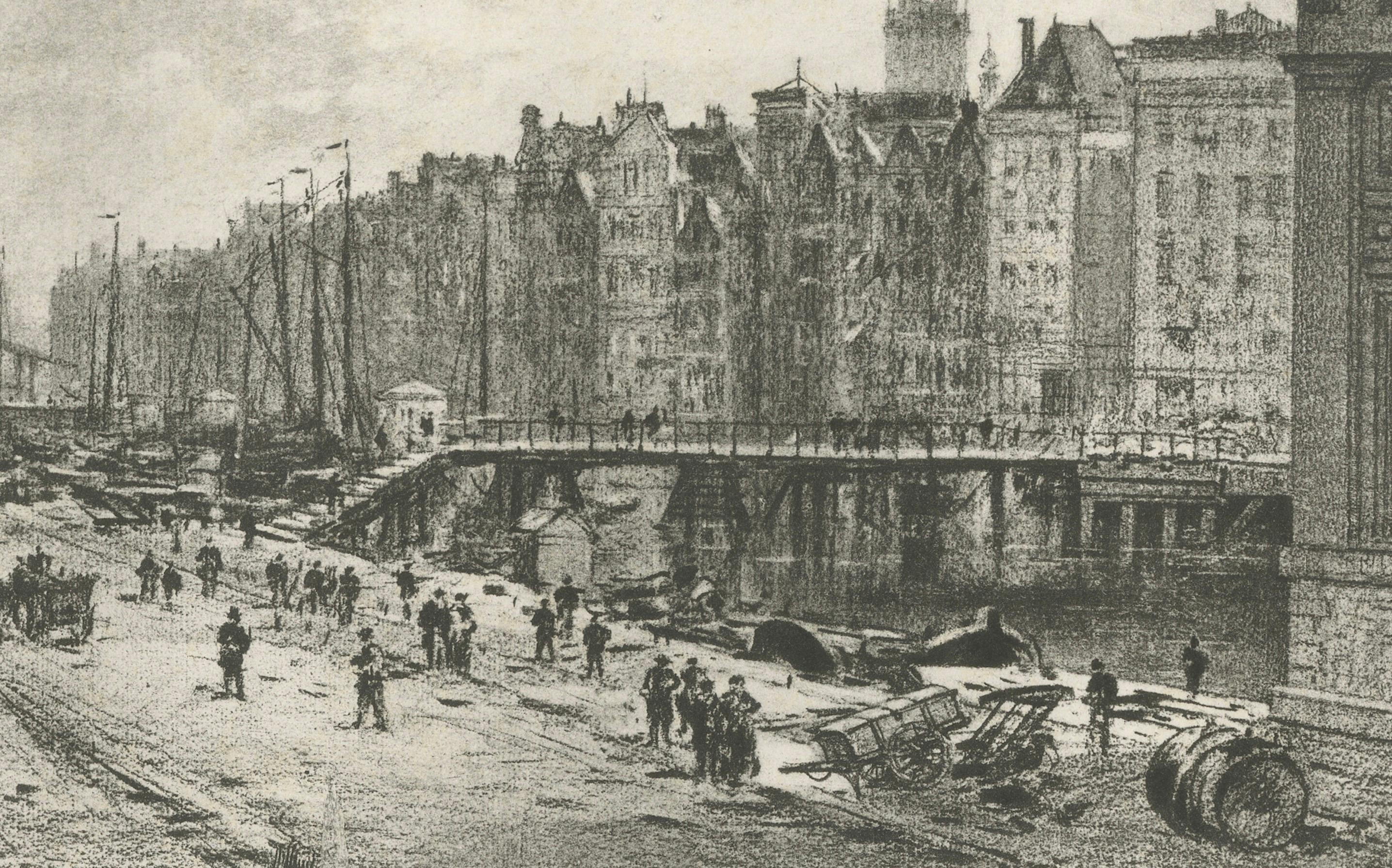 Fine XIX secolo Porta di Sant'Antonio ad Amsterdam, eliografia del 1882 di Maxime Lalanne in vendita