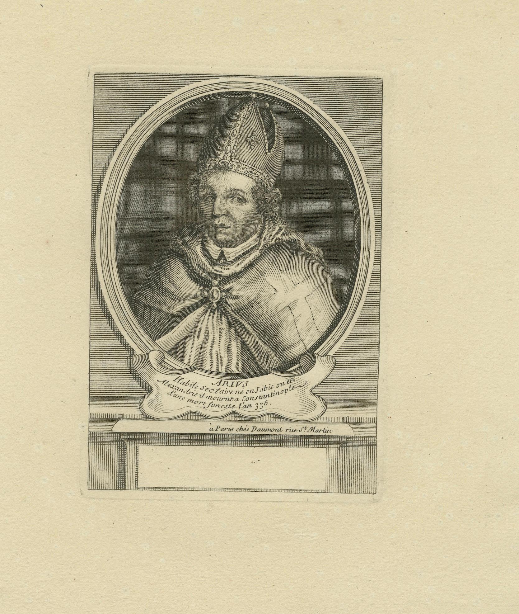 Saint Arno, évêque de Metz - Gravure française du XVIIe siècle

Cette gravure originale du XVIIe siècle représente saint Arno (Arnulf) de Metz, éminent évêque et saint franc du VIIe siècle, en buste dans un cadre ovale. Il porte des vêtements