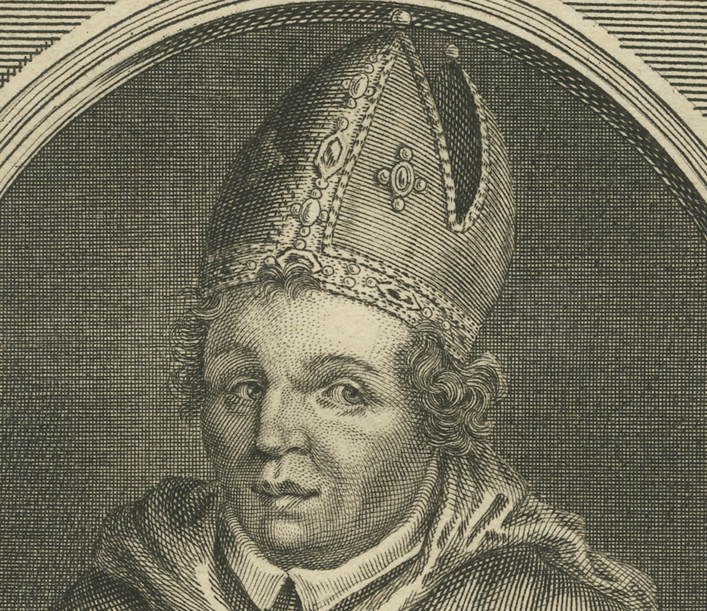 17ème siècle Saint Arno, évêque de Metz - Gravure religieuse française, vers 1670 en vente