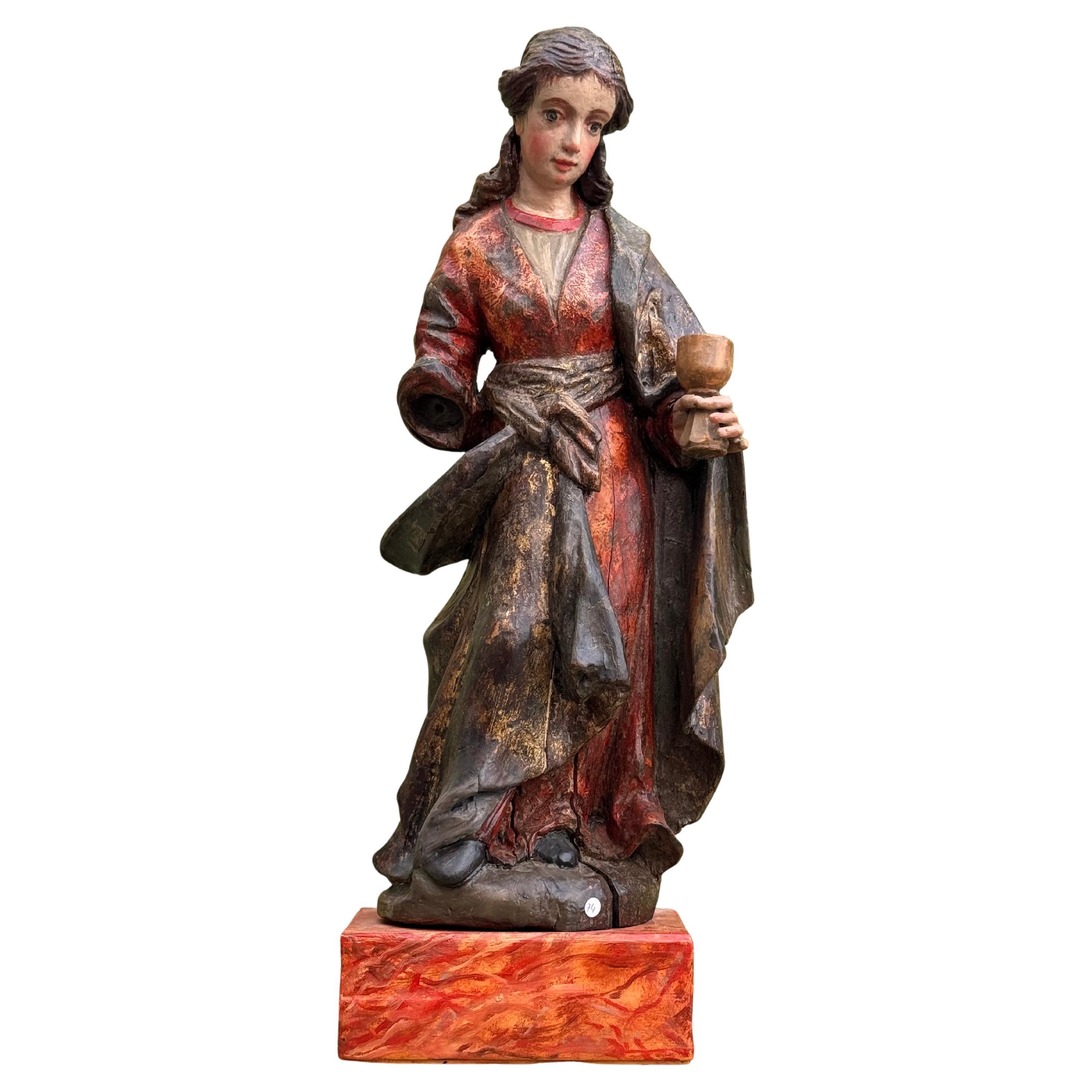 Saint Barbara, polychrome wood carving, 18th century, 50 cm For Sale