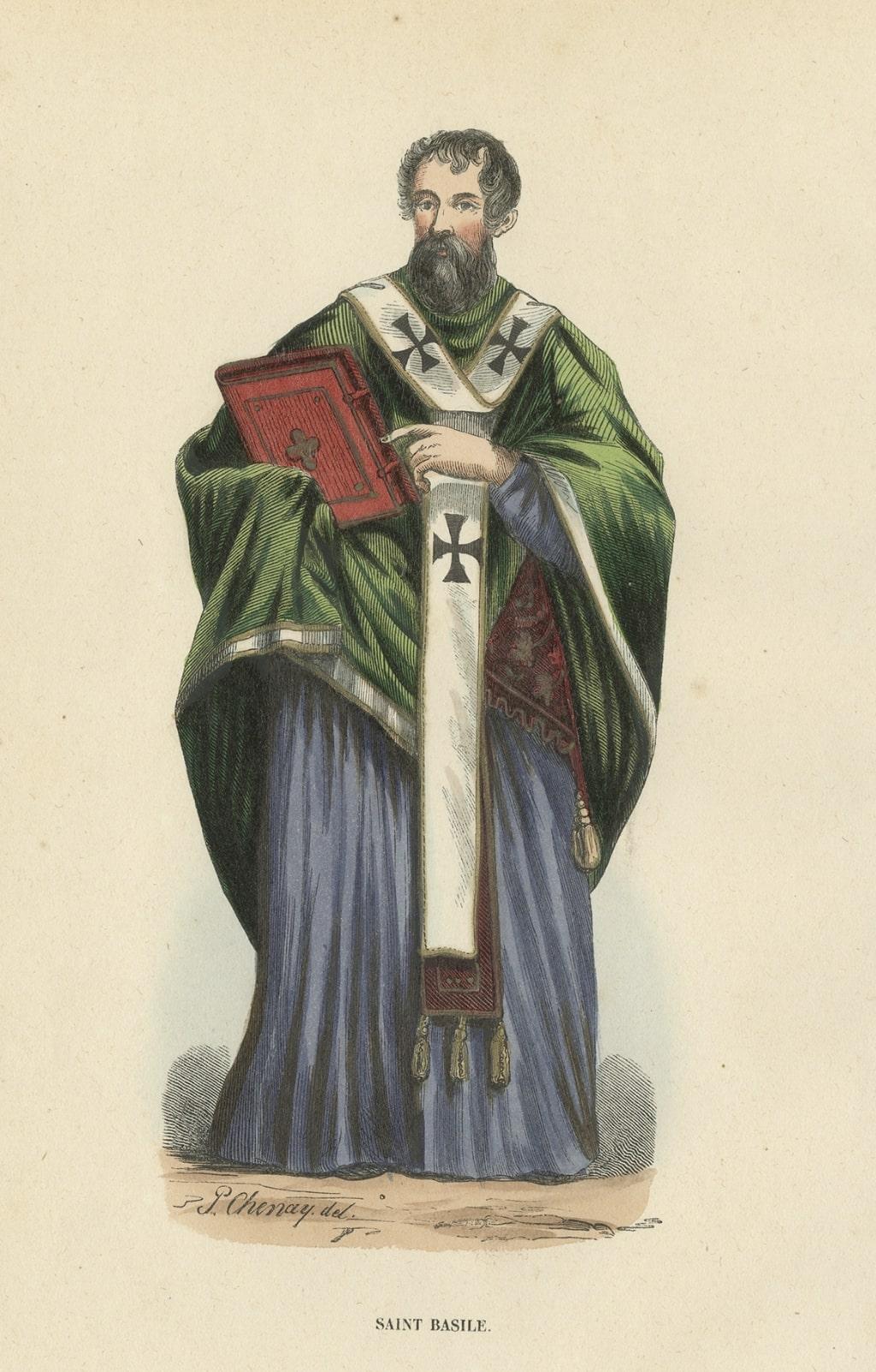 Antique print titled 'Saint Basile'. Print of Saint Basil. 

Basil of Caesarea, also called Saint Basil the Great (330 – January 1 or 2, 379), was a Byzantine bishop of Caesarea Mazaca in Cappadocia, Asia Minor (modern-day Turkey). He was an