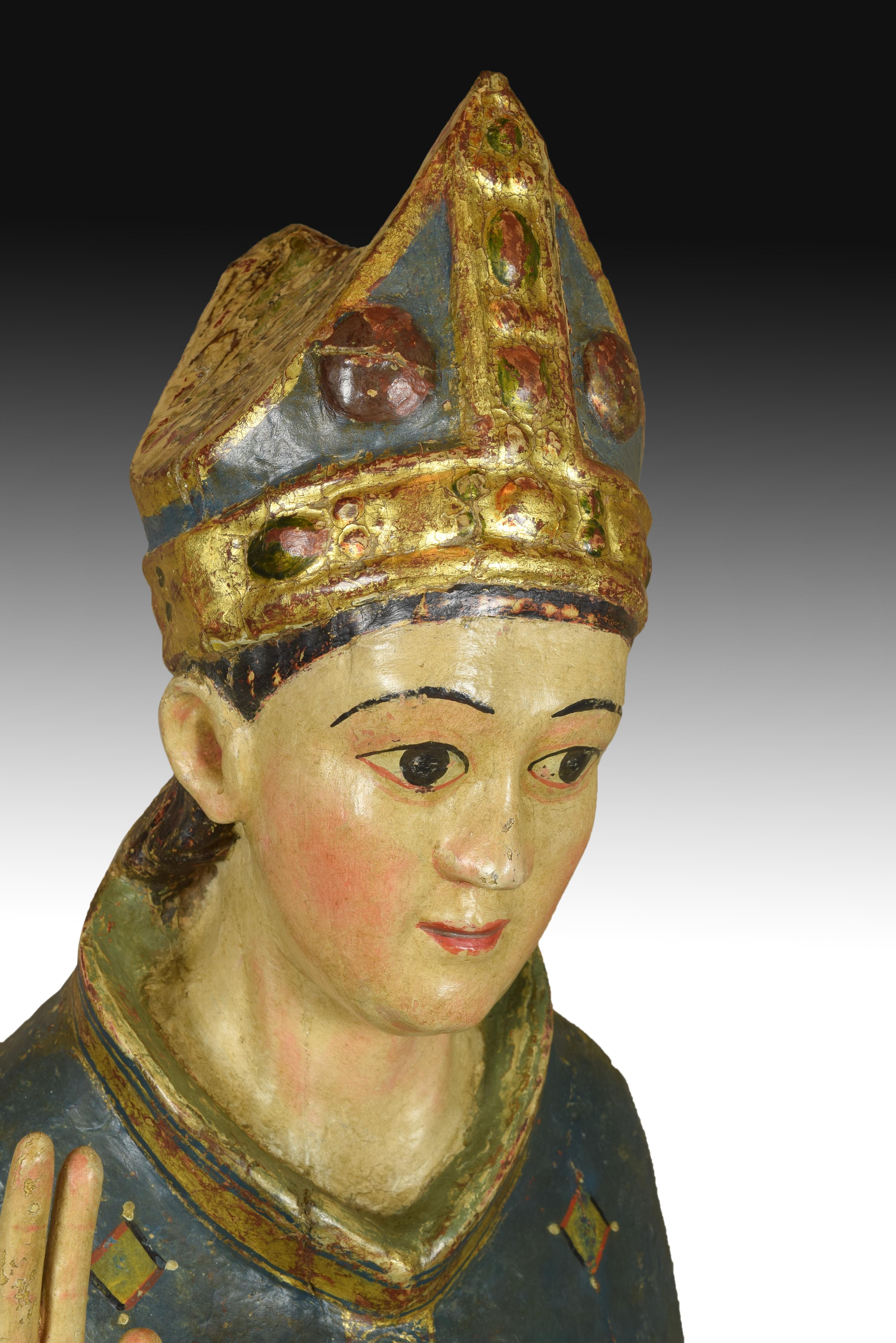 Espagnol Saint Blaise, sculpté, polychrome et doré, école Castillaine, 14e siècle en vente