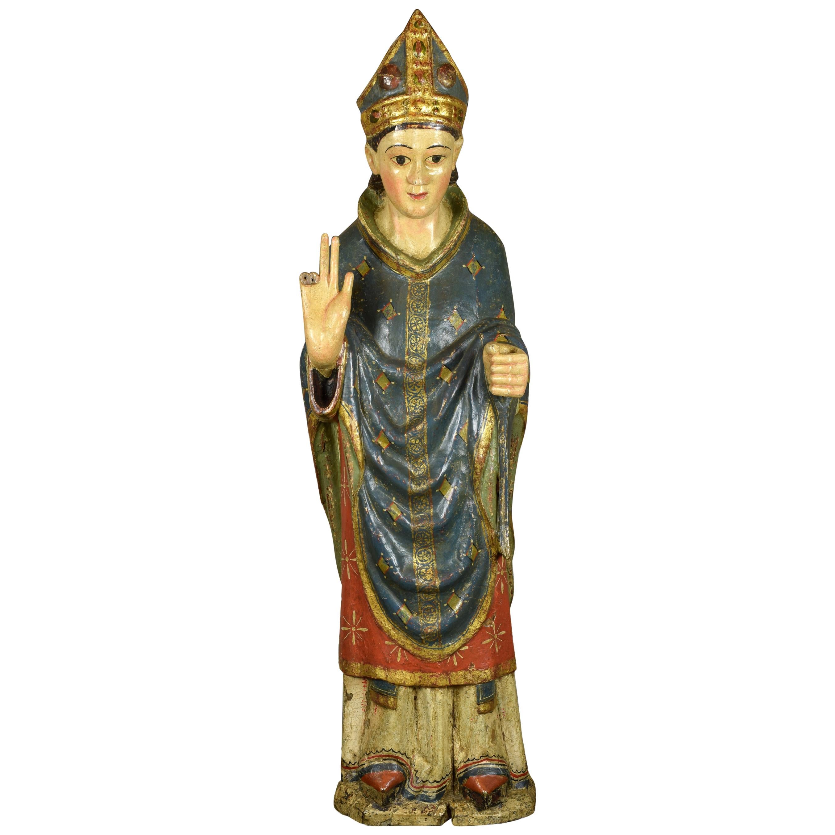 Saint Blaise, sculpté, polychrome et doré, école Castillaine, 14e siècle