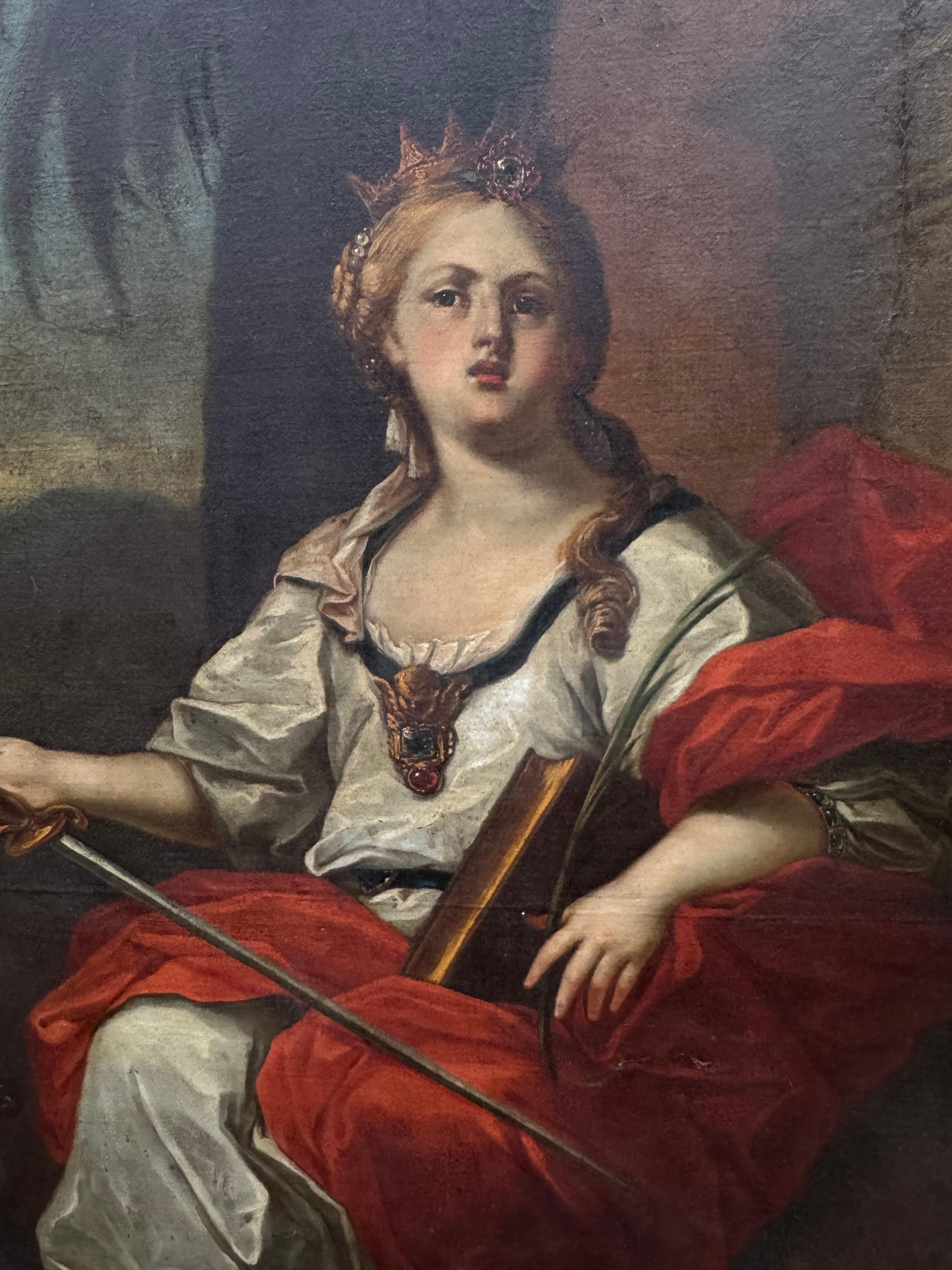 Monumental Baroque Oil on Canvas – Saint Catherine of Alexandria, European School, Circa Late 17th to Early 18th Century – As Found
 Impressive in scale and rich in allegorical power, this arresting Baroque oil on canvas portrays Saint Catherine of
