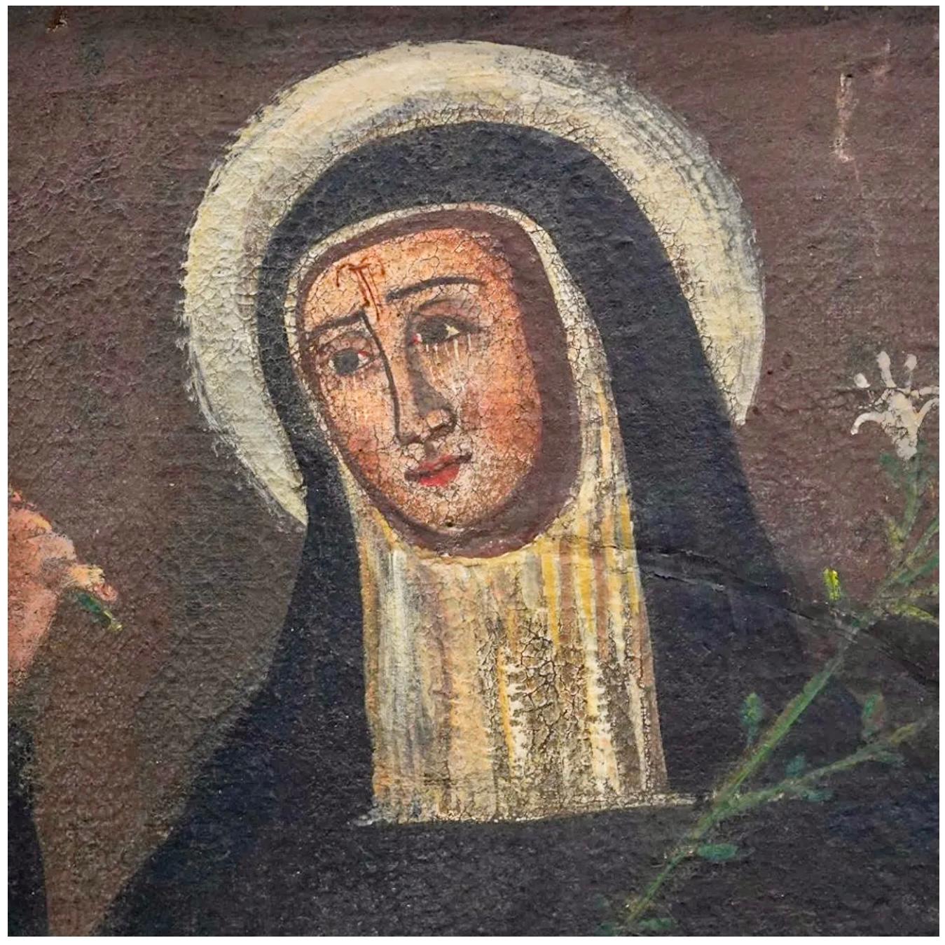 18th Century oil on canvas painting depicting Saint Catherine of Siena bearing lilies and a book in her left hand and a crucifix in her right while standing among flowers before a flower vase on a table. Mounted in a gilt wooden, foliage form frame.