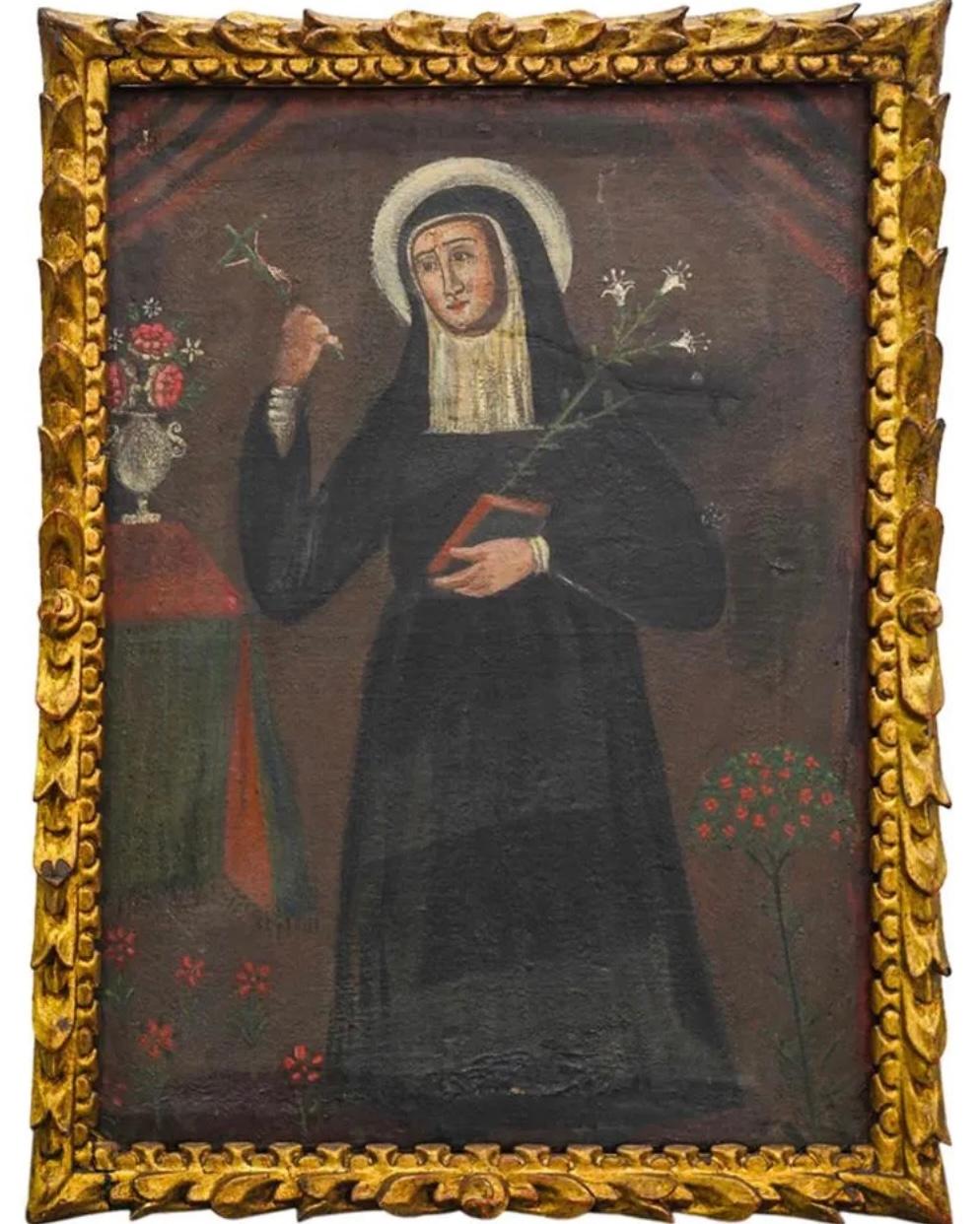 Saint Catherine Of Sienna Oil On Canvas Spanish Colonial Painting For Sale 1