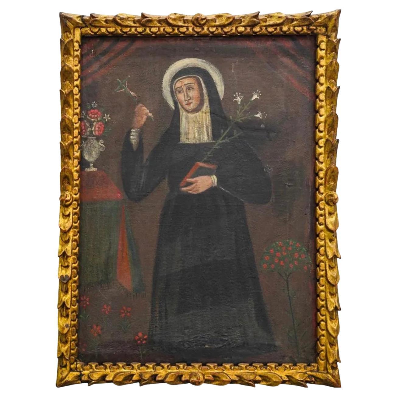 Saint Catherine Of Sienna Oil On Canvas Spanish Colonial Painting For Sale