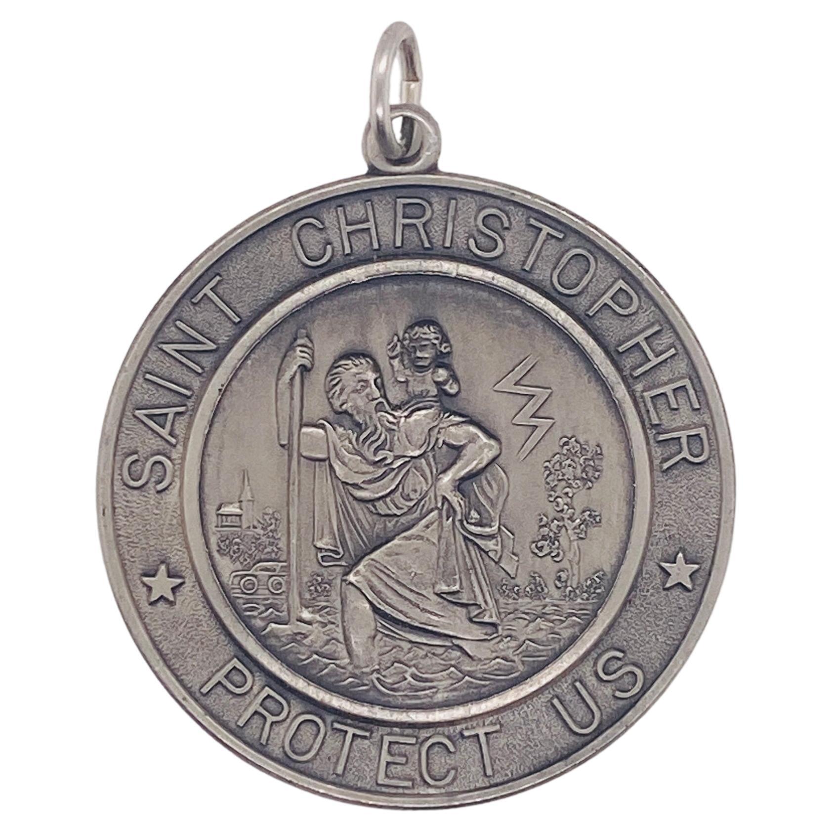 Saint Christopher Protect Us Pendant in Sterling Silver, 1.25 inch Diameter For Sale