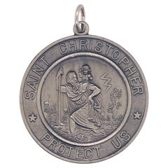 Saint Christopher Protect Us Pendant in Sterling Silver, 1.25 inch Diameter