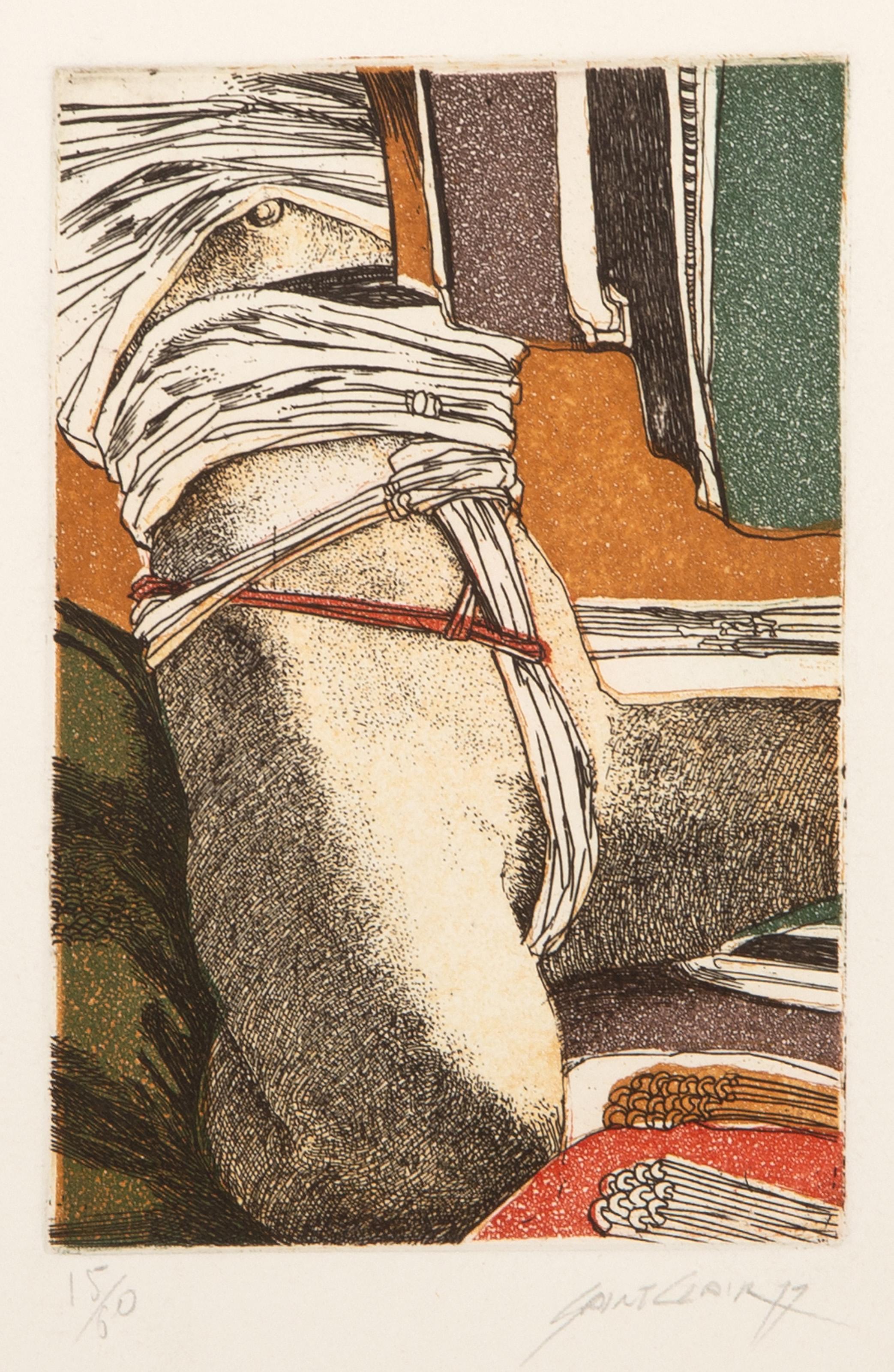 Saint Clair Cemin, Brésilien (1951 - ) -  Femme ligotée, Année : 1977, Médium : Gravure et Aquatinte sur Arches, signée, numérotée et datée au crayon, Edition : 15/60, Taille de l'image : 5.75 x 3.75 pouces, Taille : 13 x 9.75 in. (33.02 x 24.77 cm) 