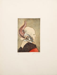 Masked Figure, Surrealist Etching and Aquatint by Saint Clair Cemin