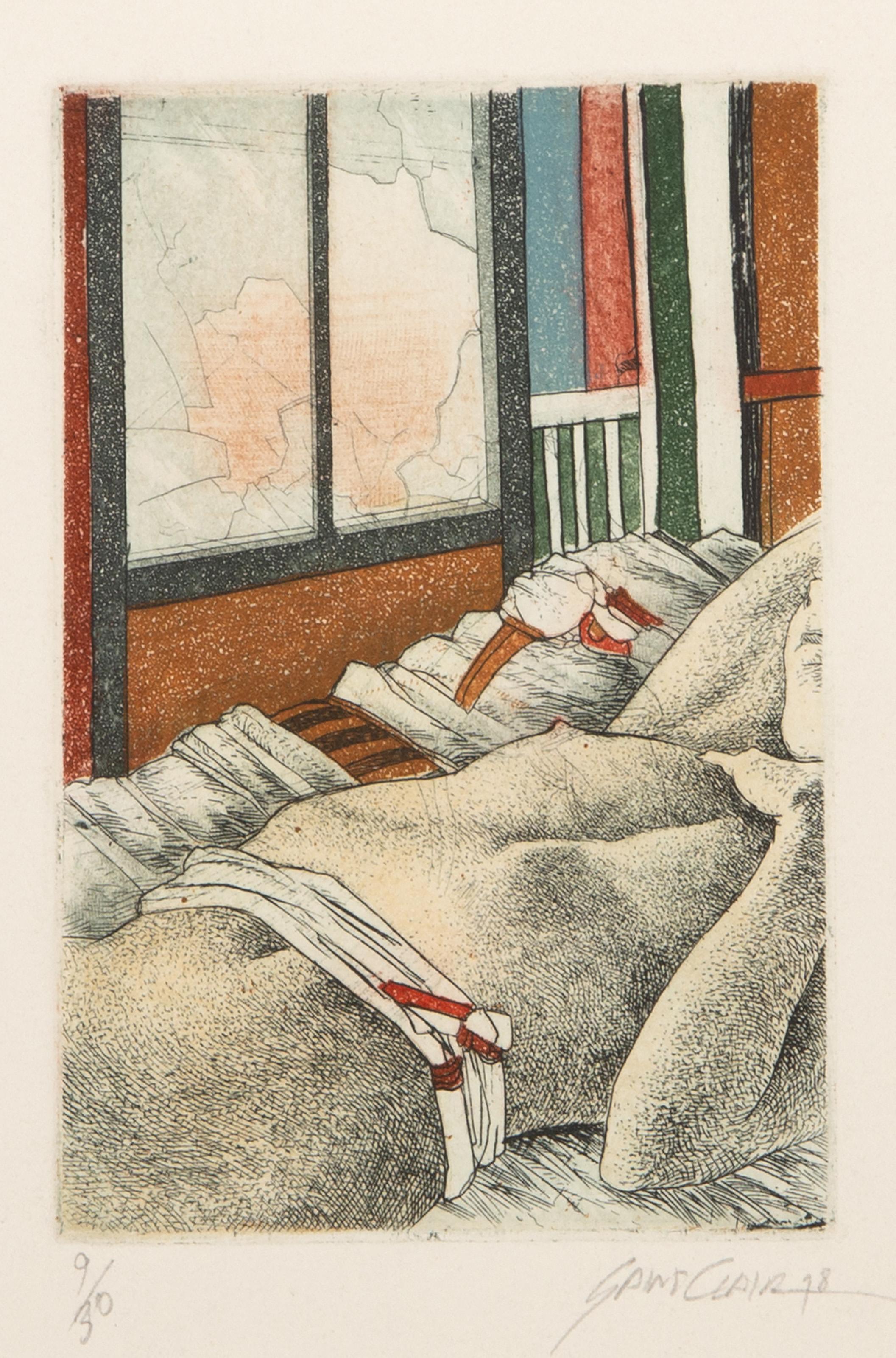 Saint Clair Cemin, Brasilianer (1951 - ) -  Nackte Frau im Bett, Jahr: 1978, Medium: Radierung und Aquatinta auf Arches, signiert, nummeriert und datiert mit Bleistift, Auflage: 9/30, Bildgröße: 5,75 x 3,75 Zoll, Größe: 13 x 9,75 Zoll (33,02 x 24,77