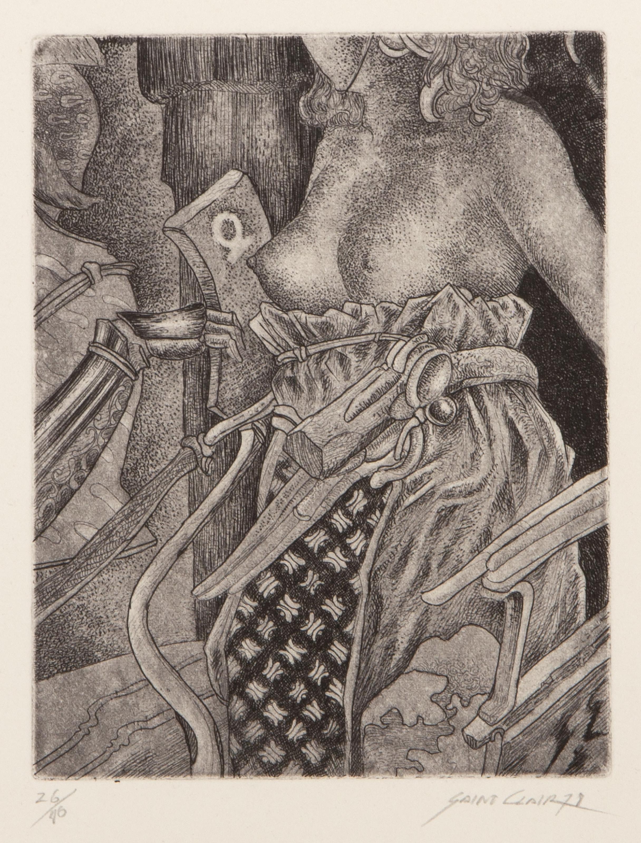 Saint Clair Cemin, Brésilien (1951 - ) -  Femme nue, Année : 1978, Médium : Gravure et Aquatinte sur Arches, signée, numérotée et datée au crayon, Edition : 26/40, Taille de l'image : 6 x 4.5 inches, Taille : 13.75 x 10 in. (34.93 x 25.4 cm) 