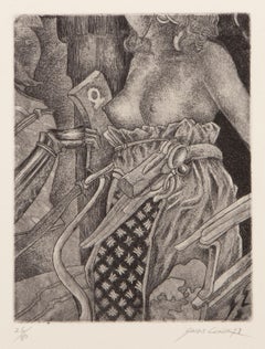Mujer en topless, aguafuerte y aguatinta surrealistas de Saint Clair Cemin