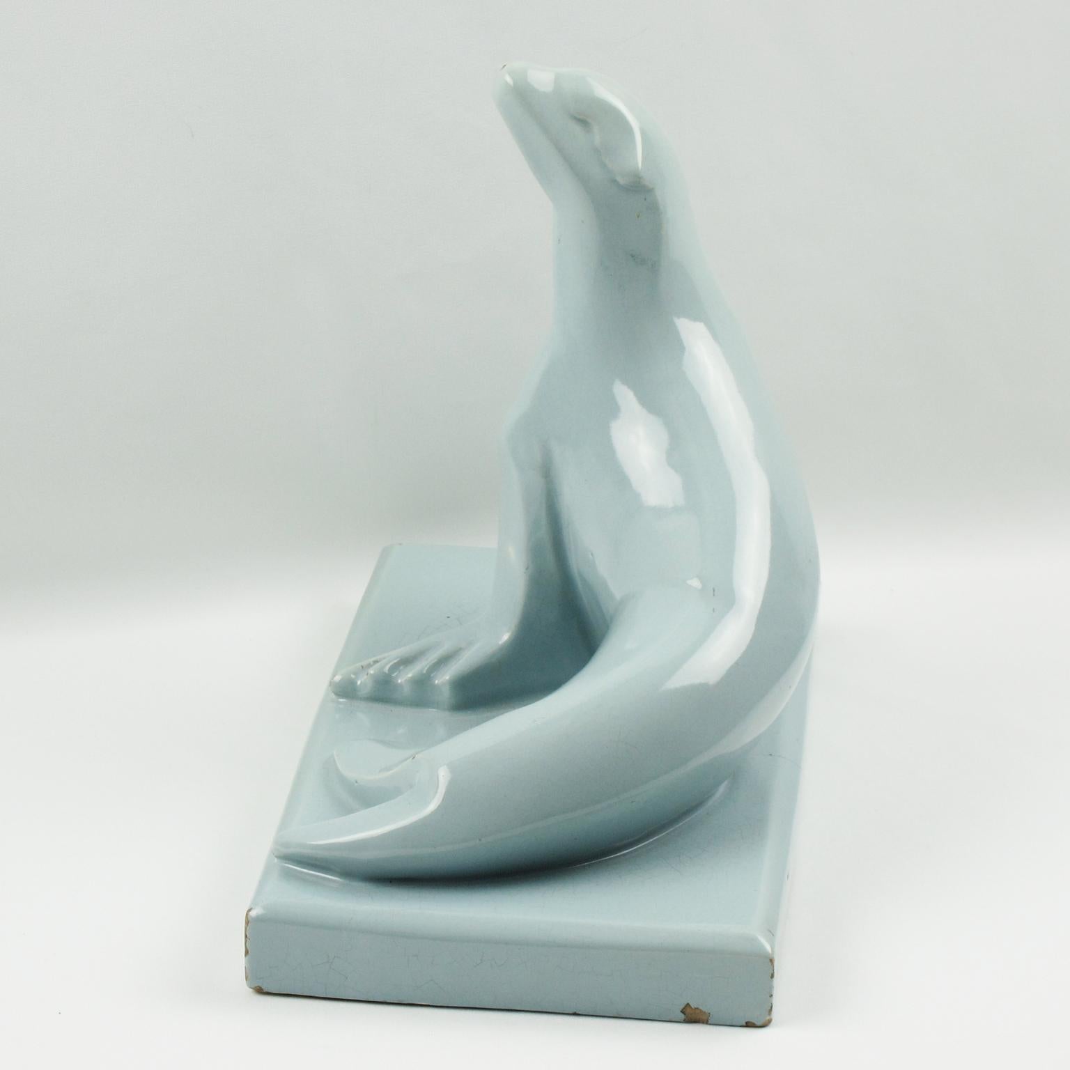 French Saint Clement France Art Deco Cubist Blue Crackle Ceramic Seal Sculpture For Sale