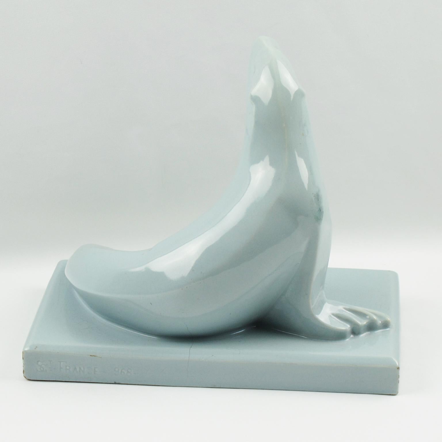 Saint Clement France Art Deco Cubist Blue Crackle Ceramic Seal Sculpture In Good Condition For Sale In Atlanta, GA