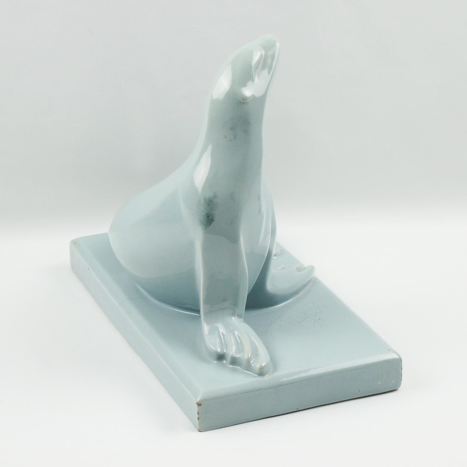 Mid-20th Century Saint Clement France Art Deco Cubist Blue Crackle Ceramic Seal Sculpture For Sale