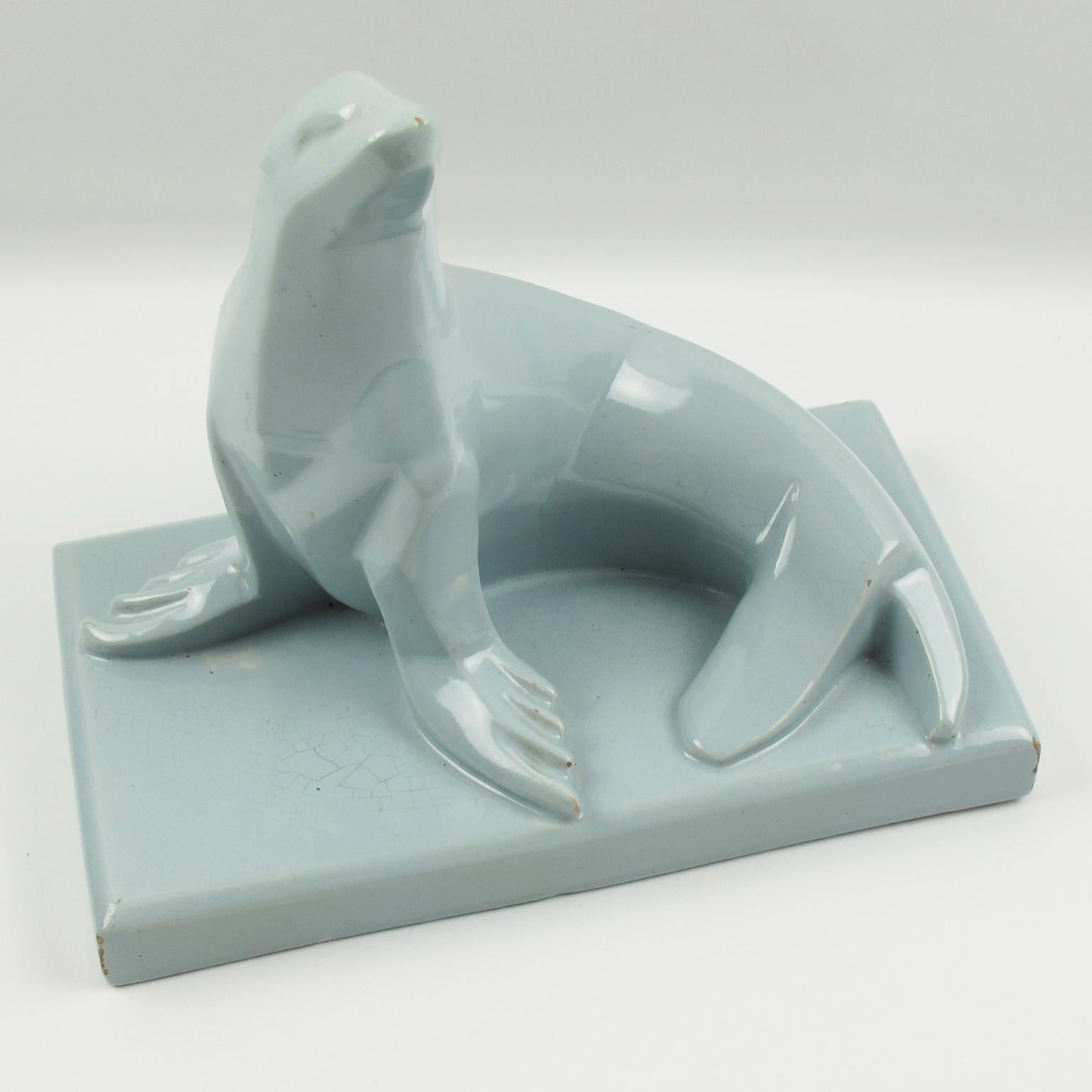 Saint Clement France Art Deco Cubist Blue Crackle Ceramic Seal Sculpture For Sale 3