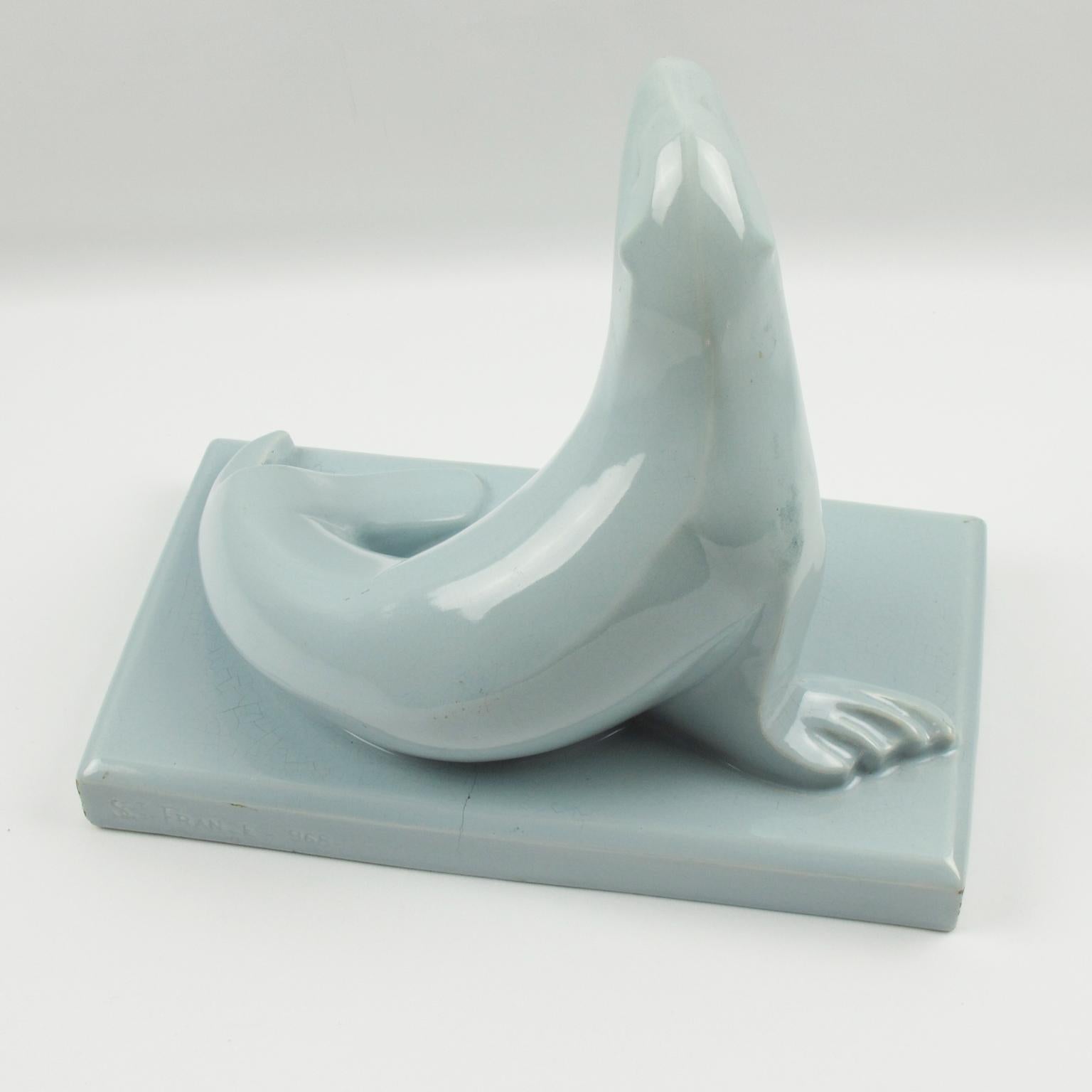 Saint Clement France Art Deco Cubist Blue Crackle Ceramic Seal Sculpture For Sale 4
