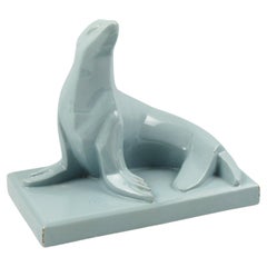 San Clemente Francia Art Decó Cubista Azul Craquelado Escultura Sello de Cerámica
