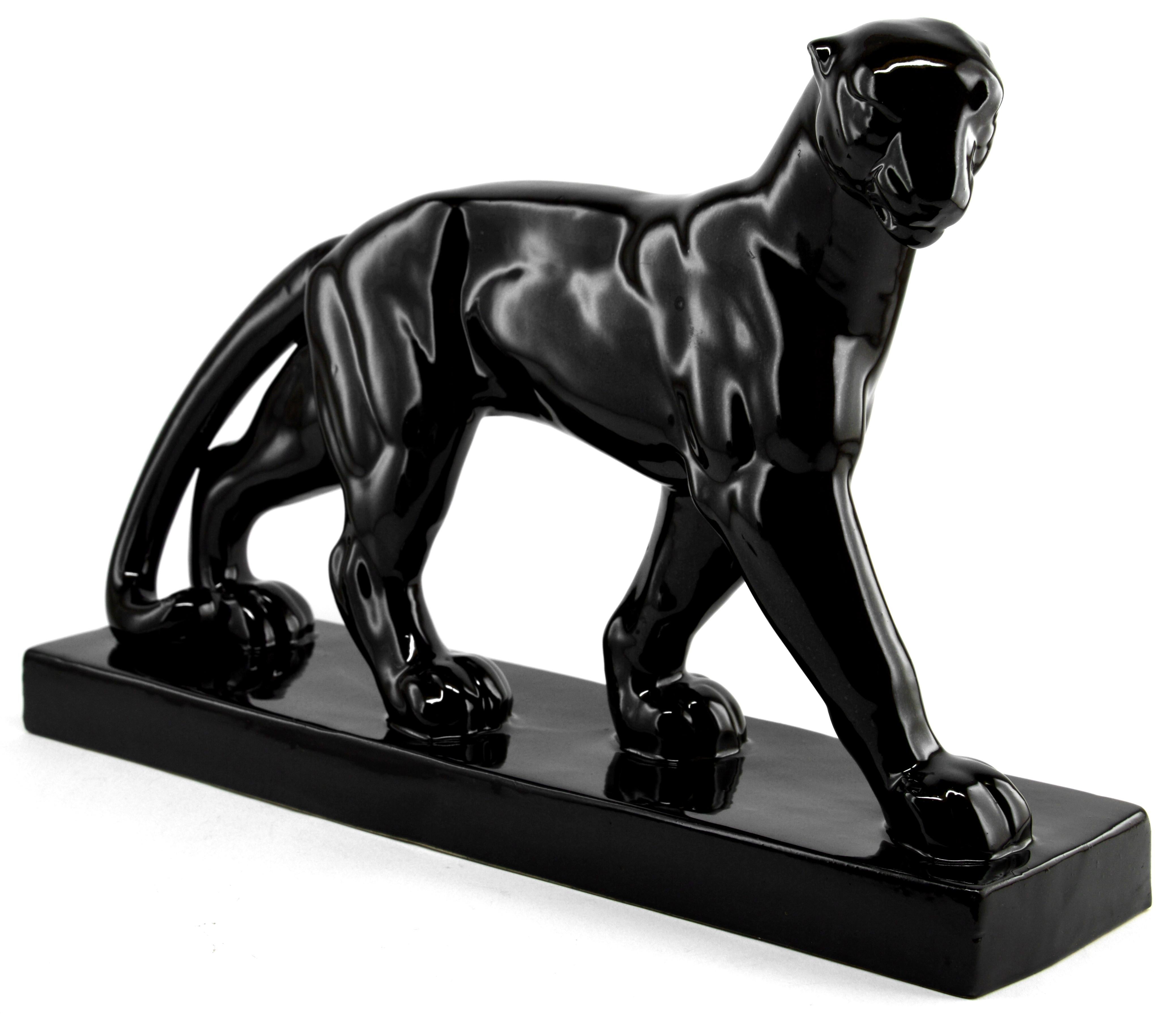 Ceramic black panther by Saint-Clement, France, 1930s. One of the best designed from this period. Signed 