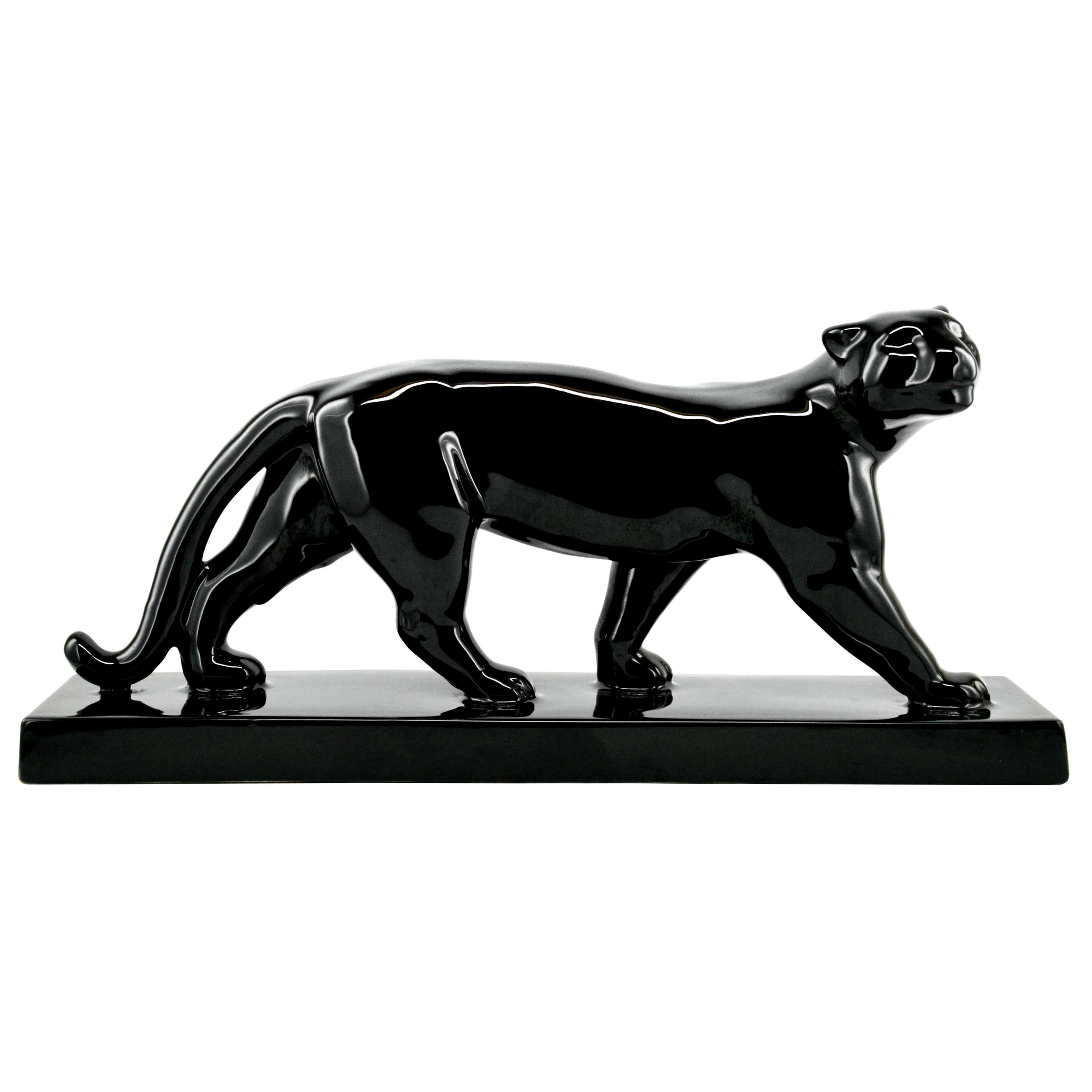 Saint-Clement French Art Deco Ceramic Black Panther, 1930s