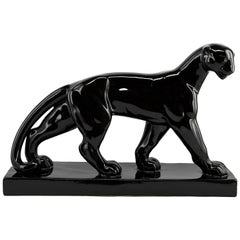 Vintage Saint-Clement French Art Deco Ceramic Black Panther, 1930s