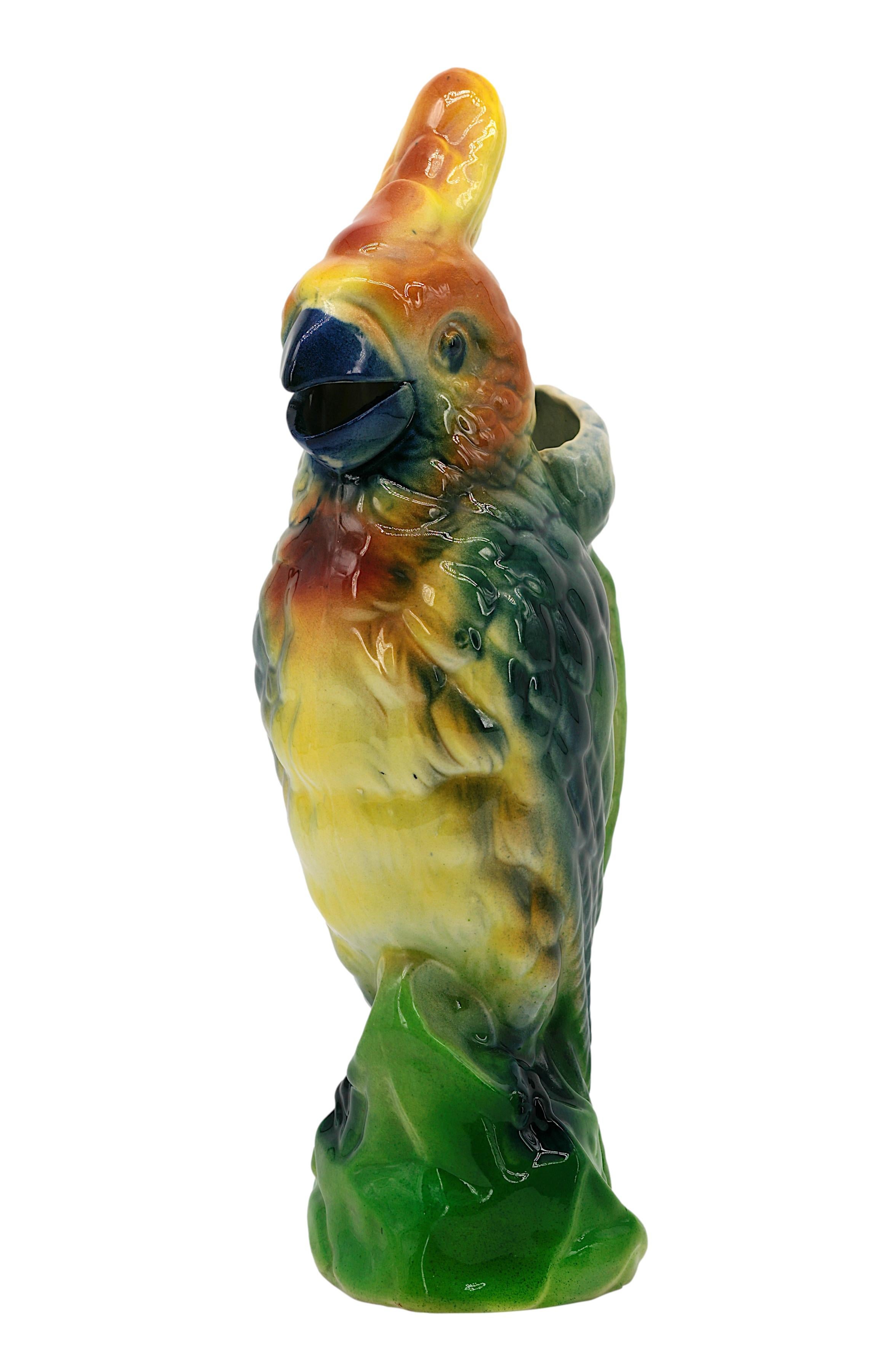 Early 20th Century SAINT-CLEMENT French Art Deco Ceramic Parrot Pitcher, 1920s For Sale