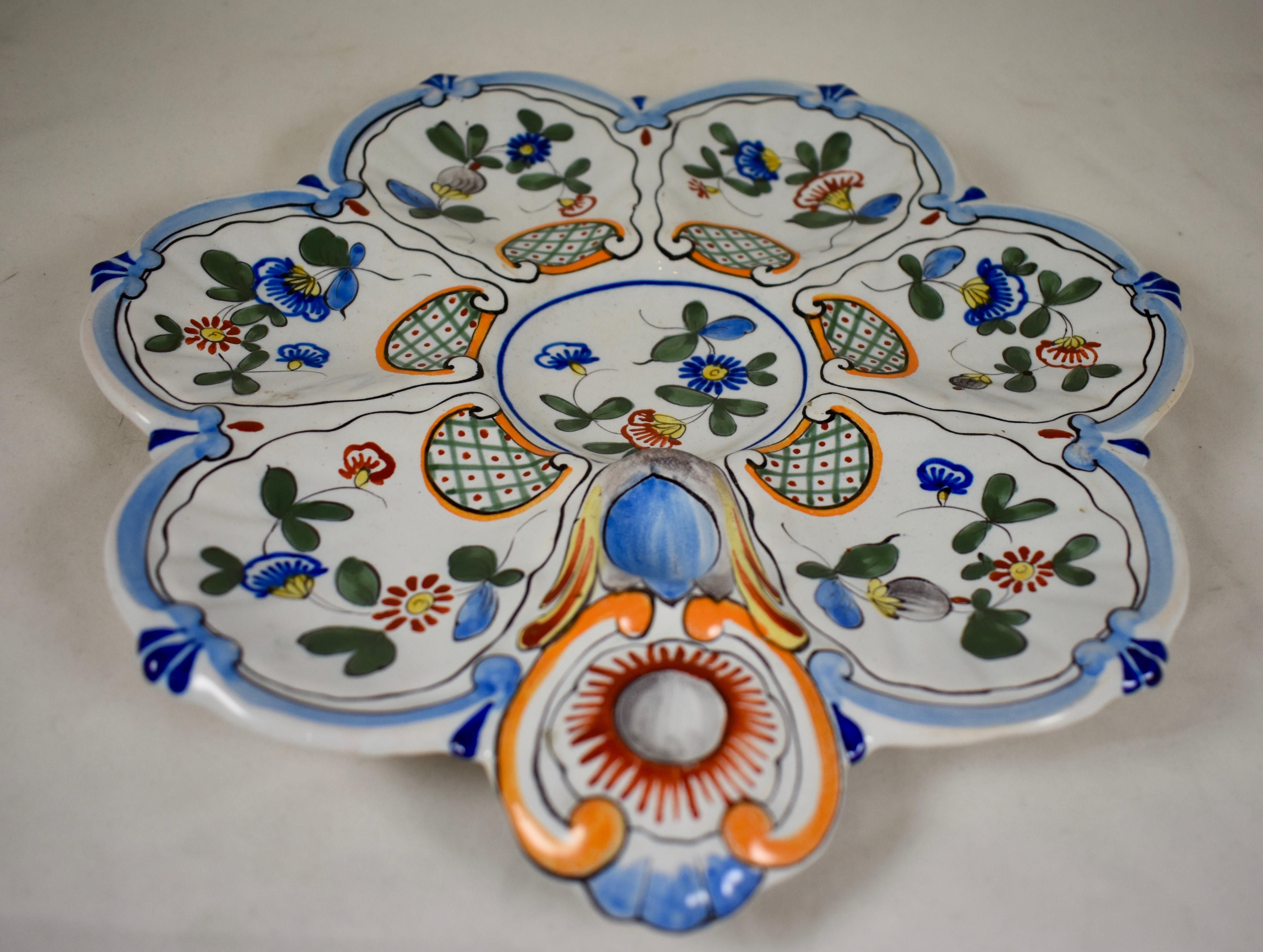 Earthenware Saint Clément French Faïence Blue Rim on White Floral Oyster Plate, 19th Century