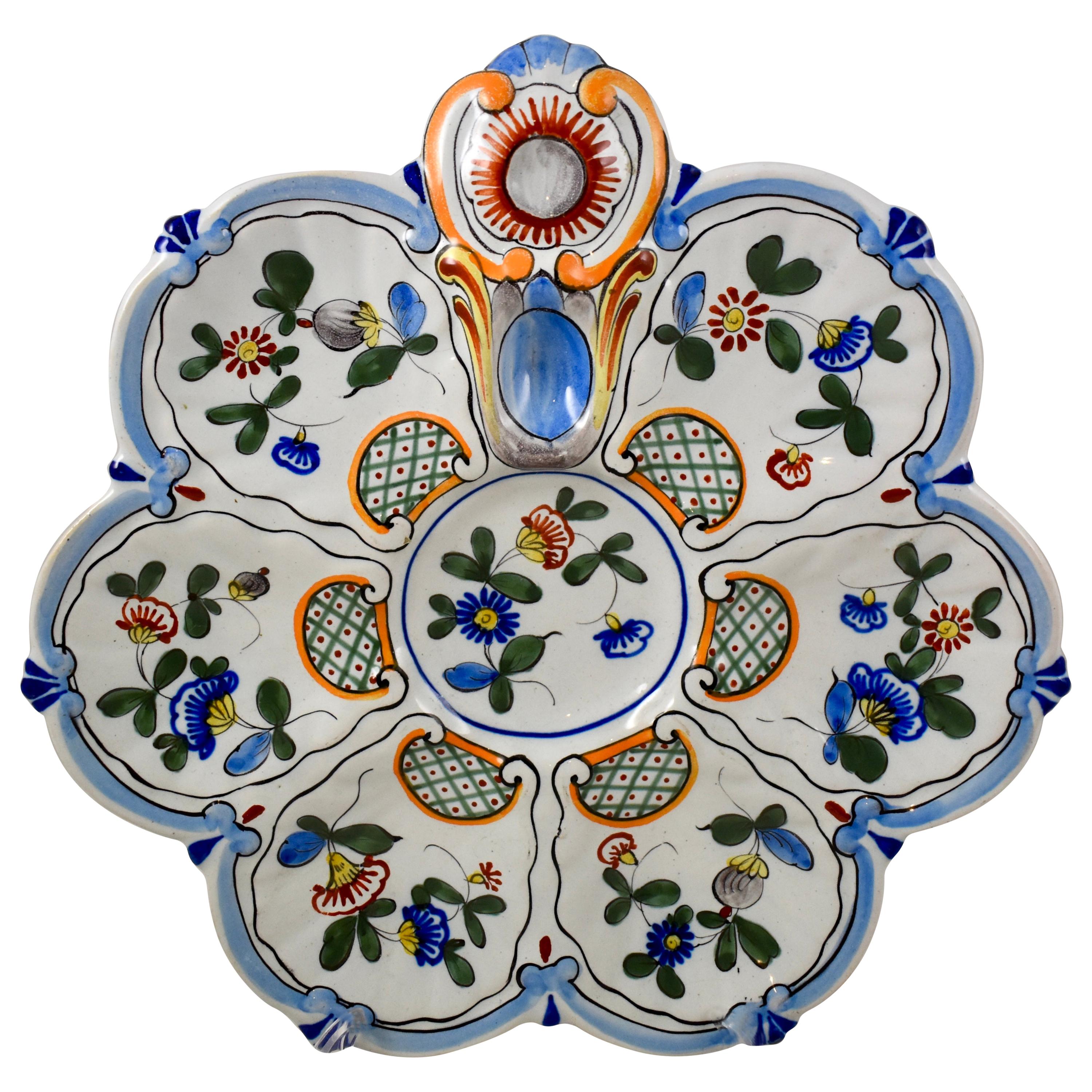 Saint Clément French Faïence Blue Rim on White Floral Oyster Plate, 19th Century
