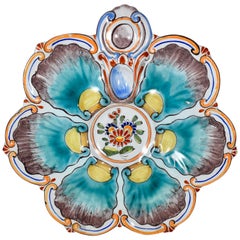 Saint Clément French Faïence Hand Painted Aqua Floral Oyster Plate, 19th Century
