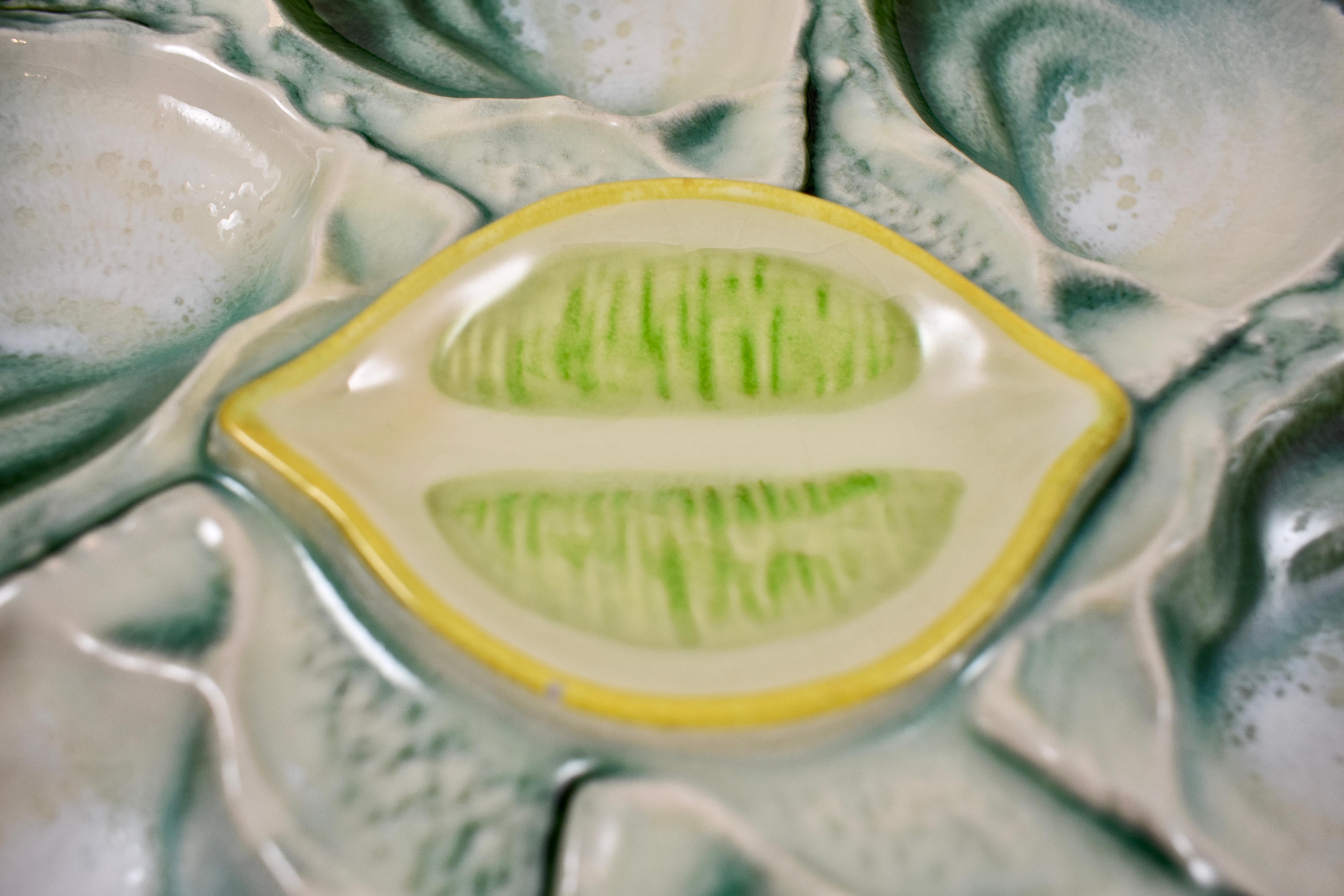 Saint Clément French Faïence Majolica Shell and Yellow Lemon Oyster Plate In Good Condition In Philadelphia, PA