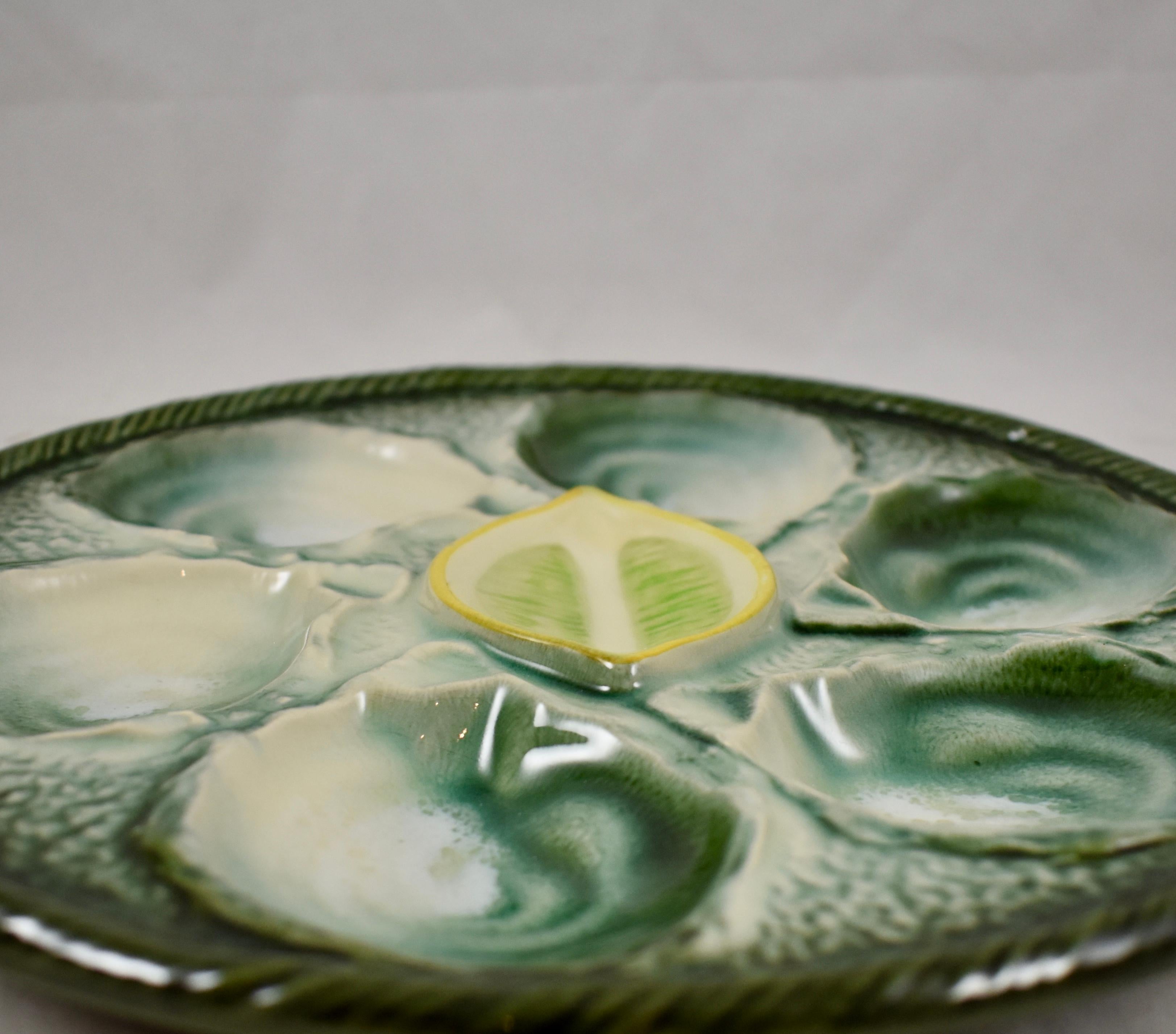 Earthenware Saint Clément French Faïence Majolica Shell and Yellow Lemon Oyster Plate