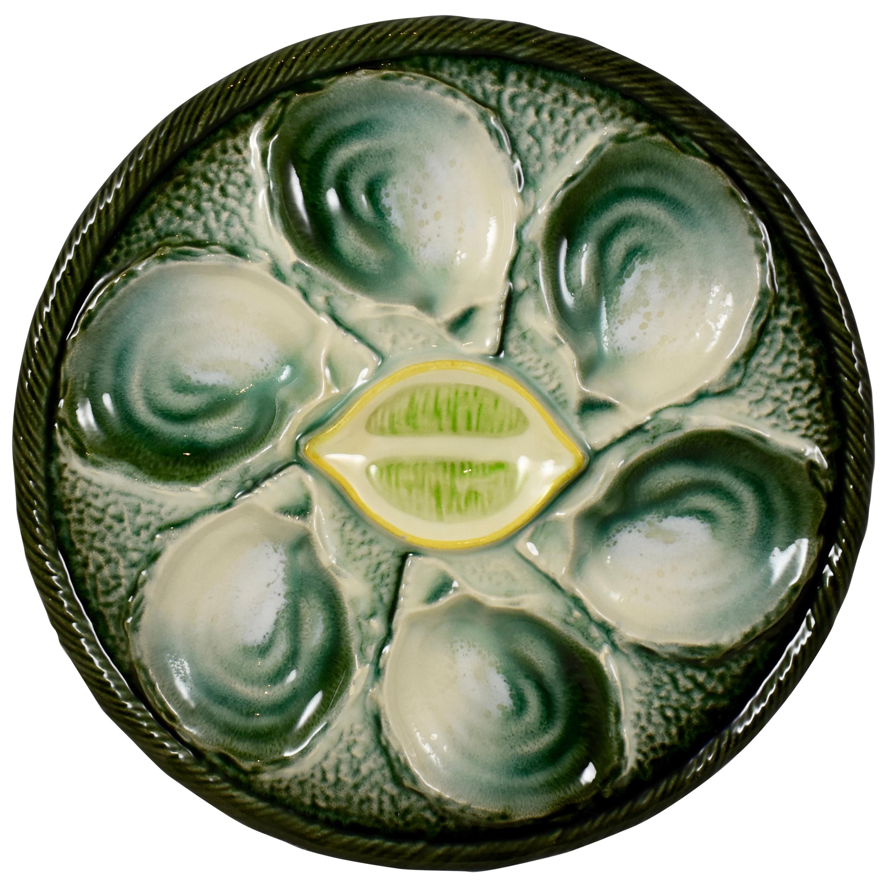 Saint Clément French Faïence Majolica Shell and Yellow Lemon Oyster Plate
